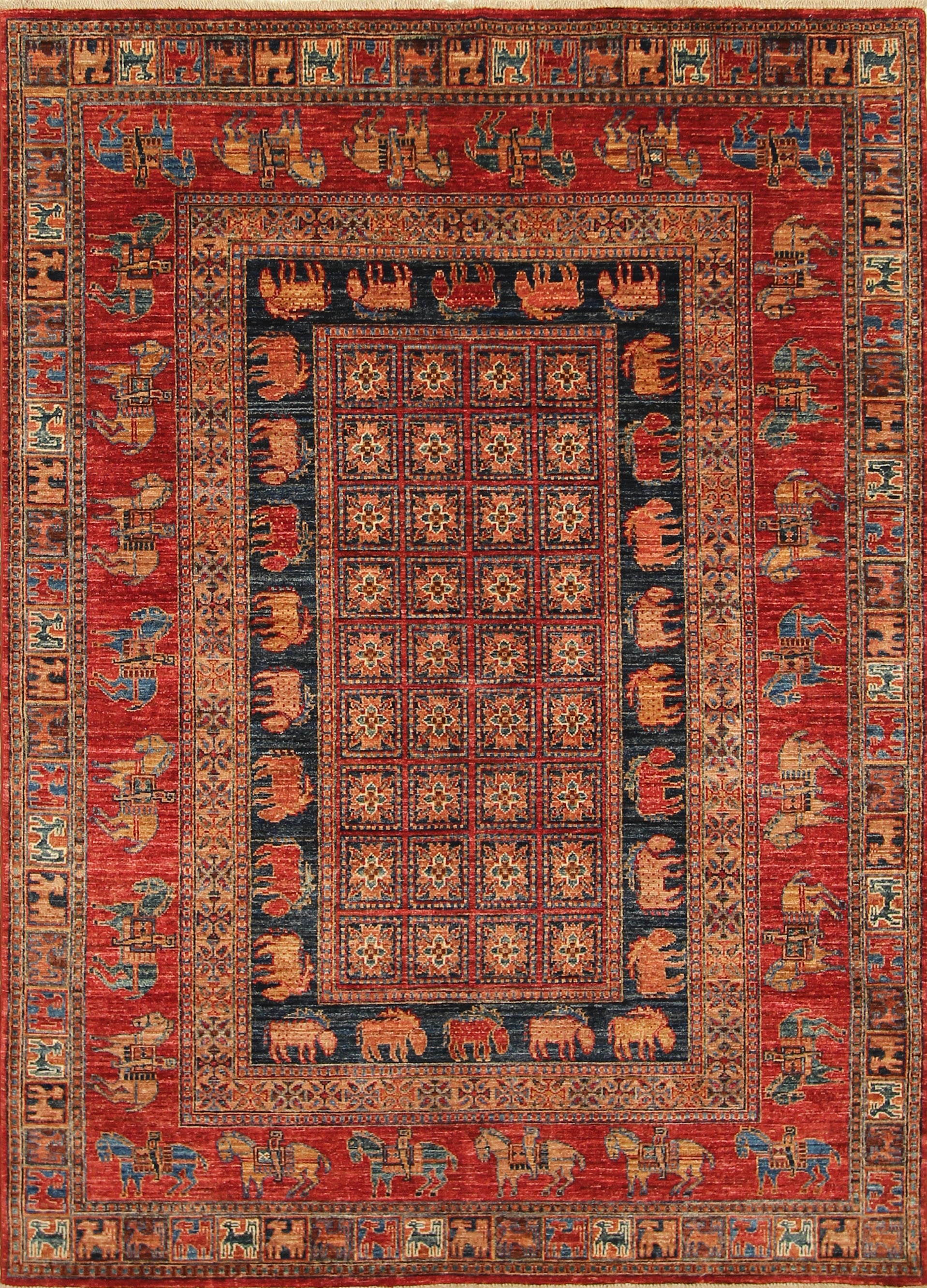 5x7 Red Pazyryk Afghan Hand-Knotted Wool Tribal Rug - Yildiz Rugs