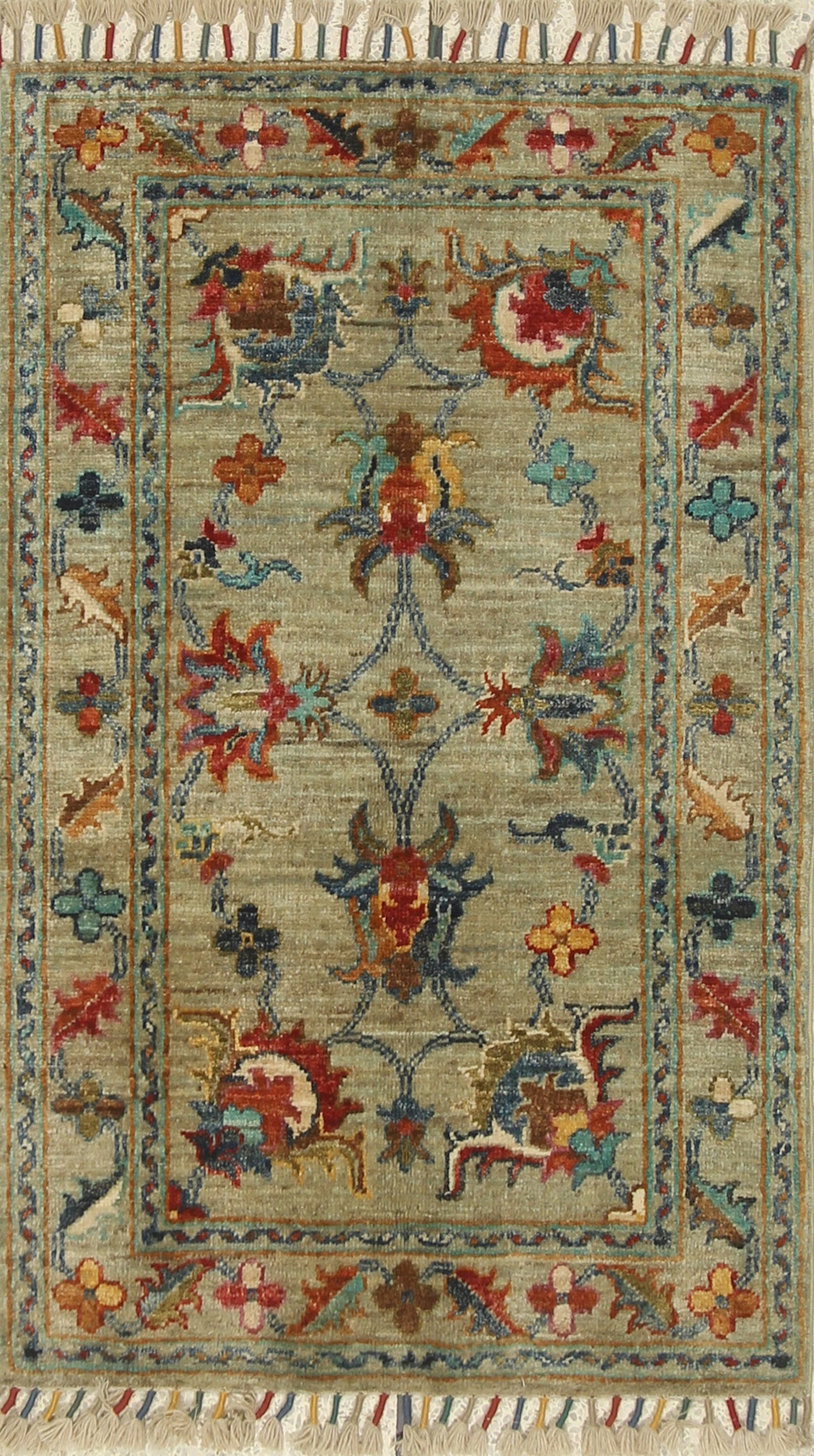 2x3 Green Afghan Waziri Floral Hand Knotted Rug - Yildiz Rugs