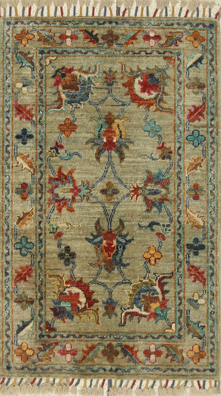 2x3 Green Afghan Waziri Floral Hand Knotted Rug - Yildiz Rugs