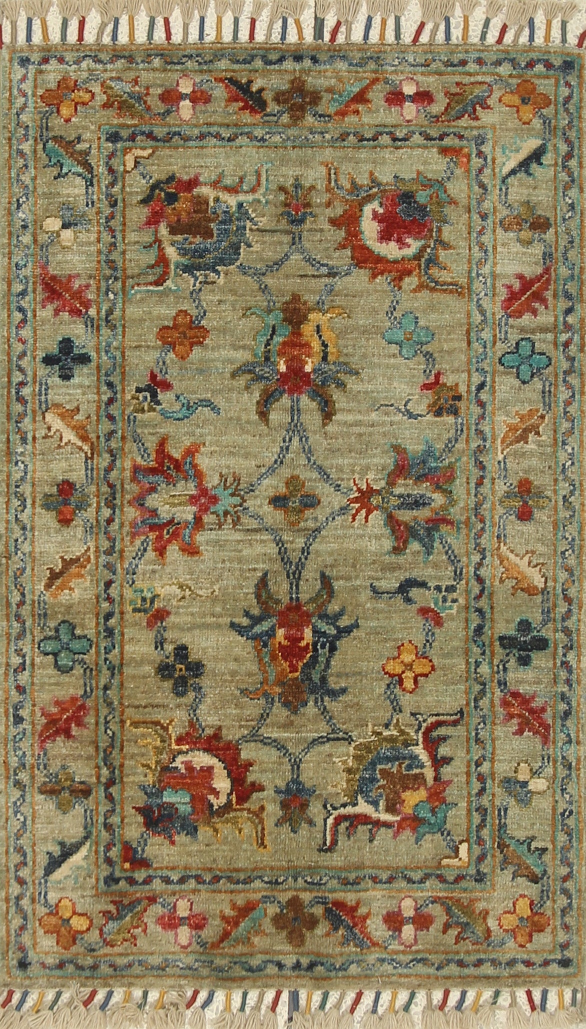 2x3 Green Afghan Waziri Floral Hand Knotted Rug