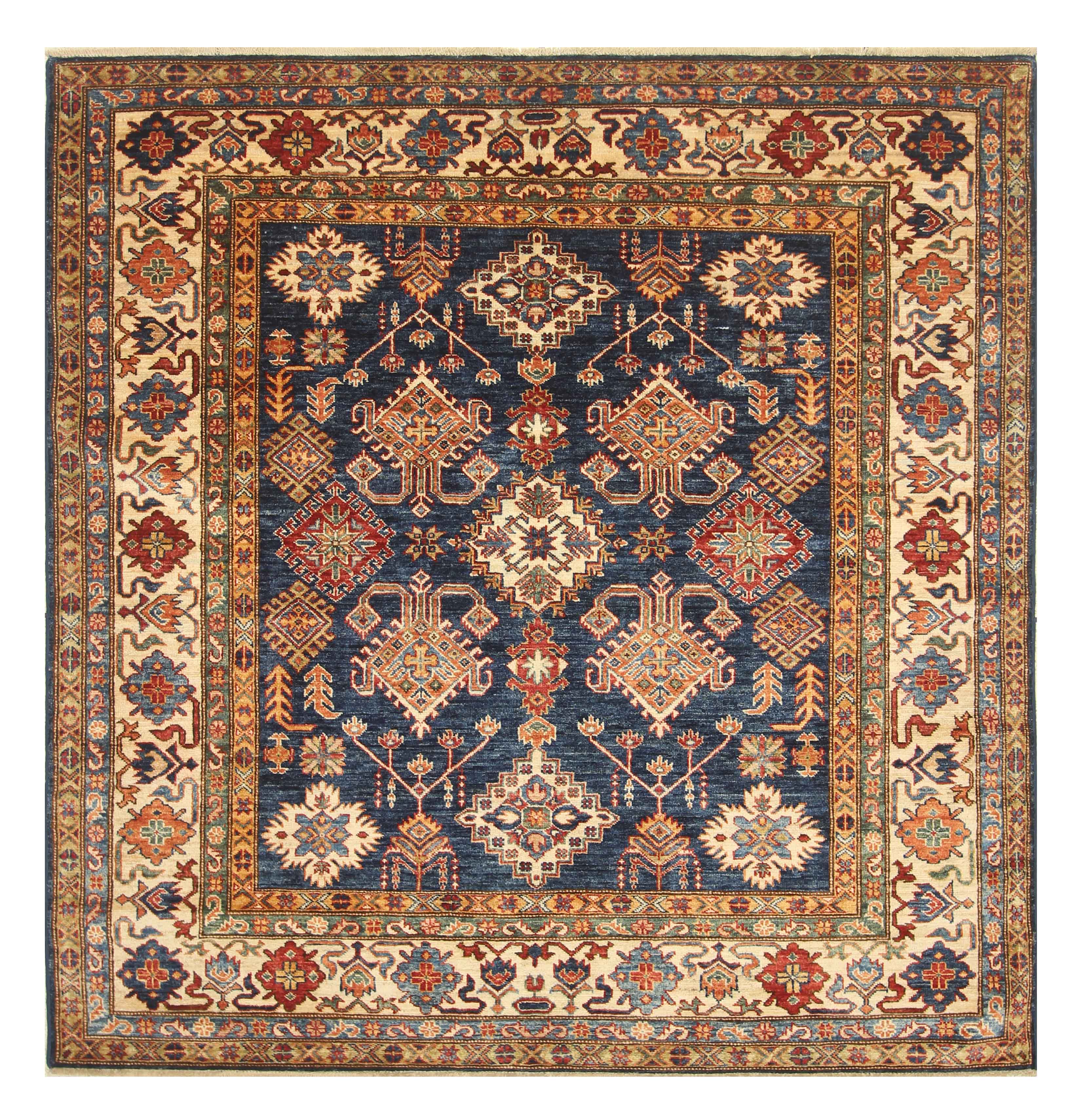 6x6 Blue Kazak Afghan Hand-Knotted Wool Square Rug - Yildiz Rugs