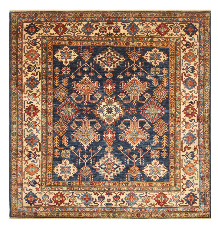 6x6 Blue Kazak Afghan Hand-Knotted Wool Square Rug - Yildiz Rugs