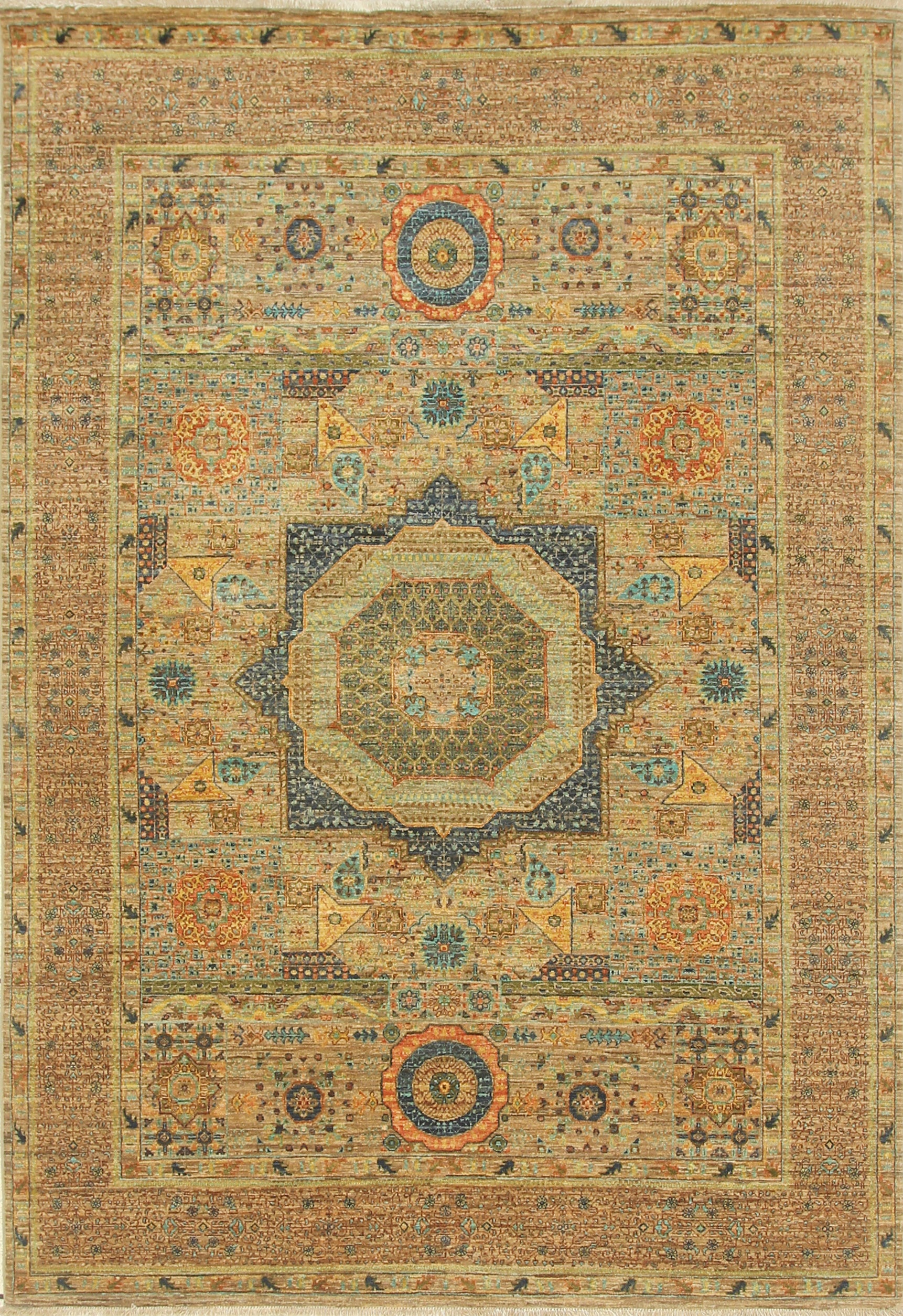 6x8 Mamluk Beige Afghan Hand Knotted Wool Rug