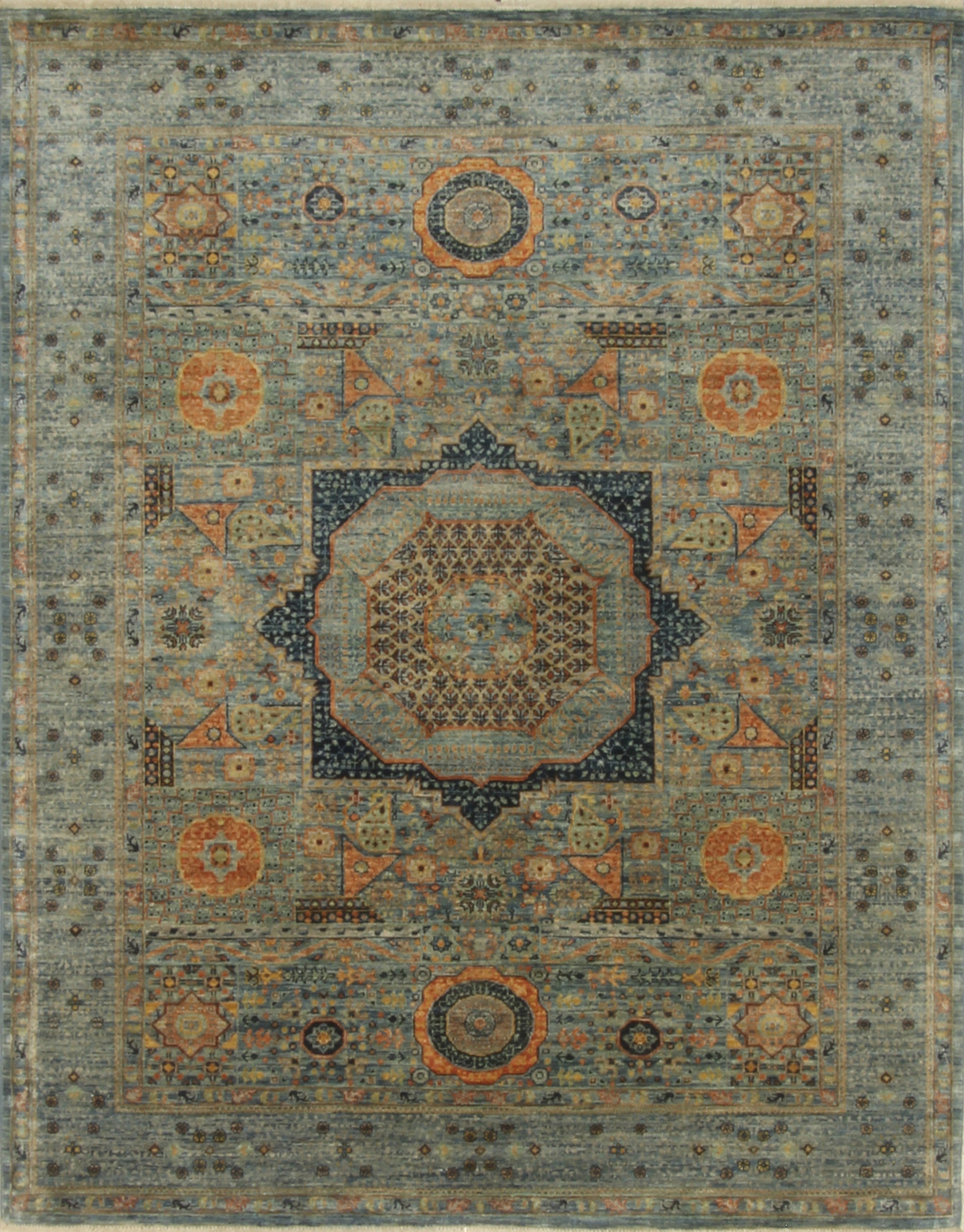 5x7 Blue Mamluk Afghan Hand-Knotted Wool Medallion Rug