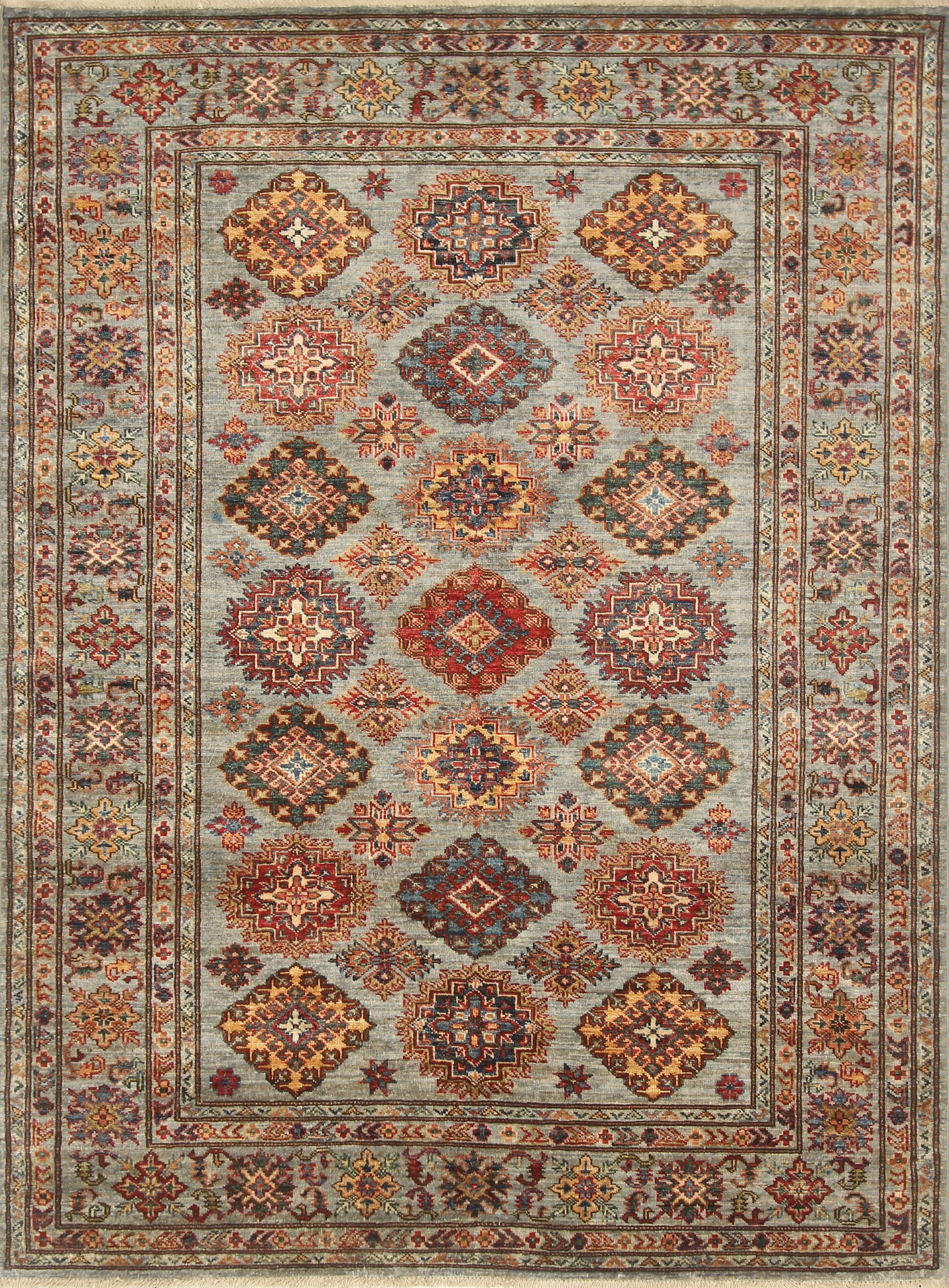 5x7 Gray Kazak Hand Knotted Afghan Geometric Rug - Yildiz Rugs