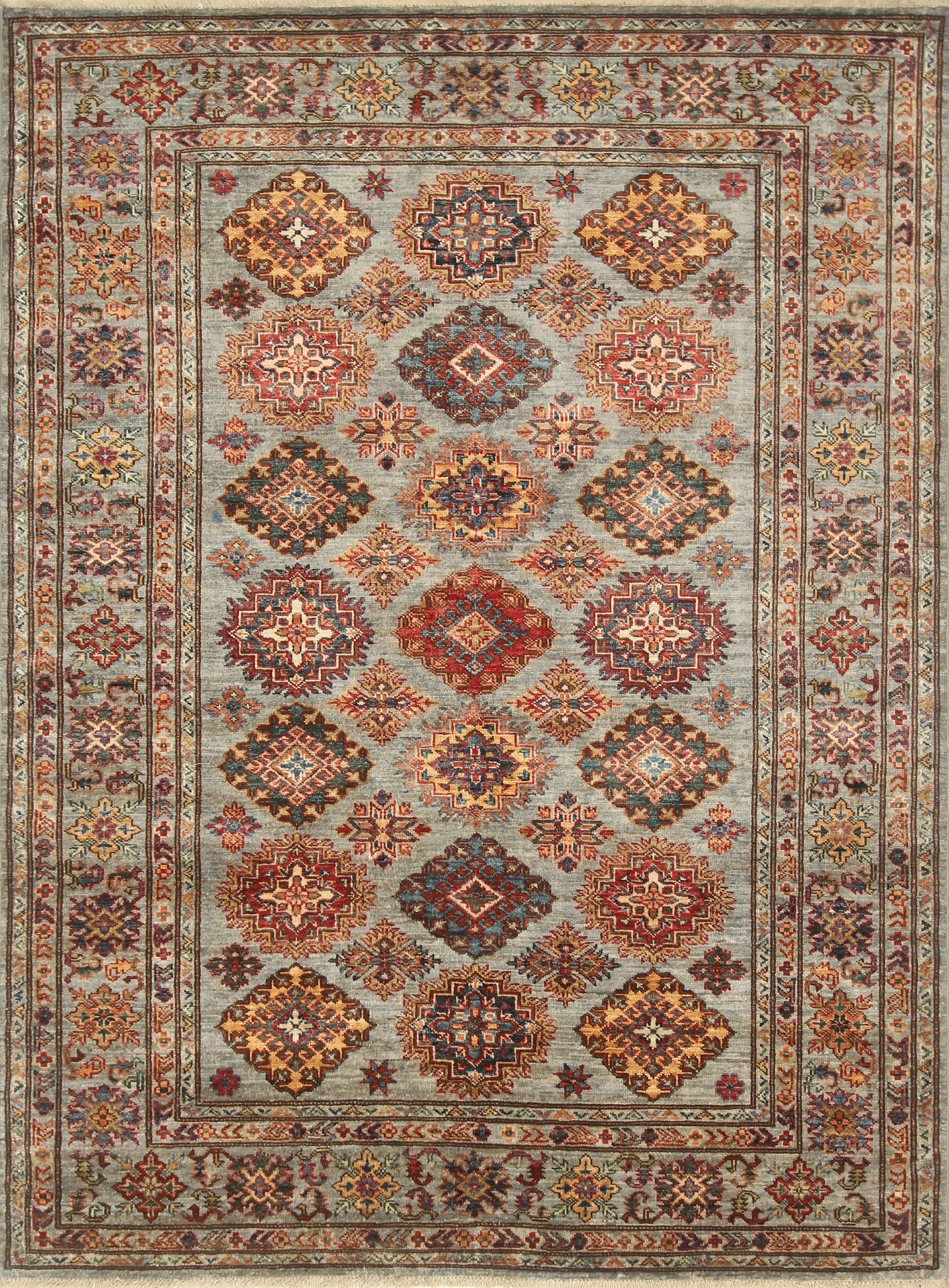 5x7 Gray Kazak Hand Knotted Afghan Geometric Rug - Yildiz Rugs