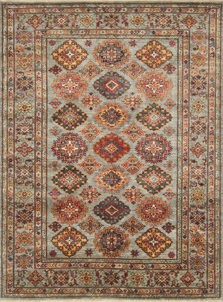 5x7 Gray Kazak Hand Knotted Afghan Geometric Rug - Yildiz Rugs