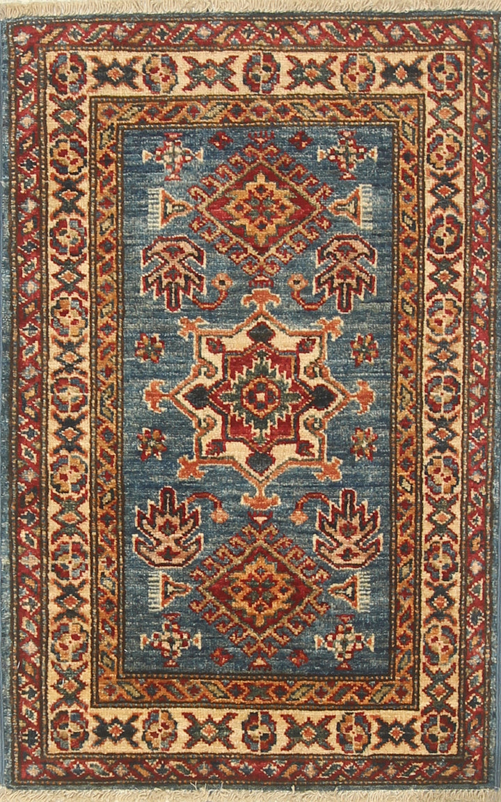 2x3 Blue Kazak Hand-Knotted Afghan Rug - Yildiz Rugs