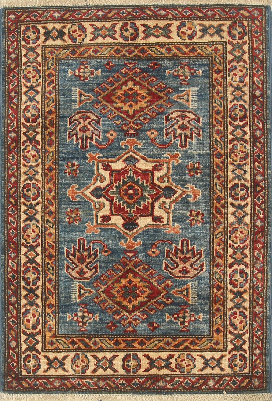 2x3 Blue Kazak Hand-Knotted Afghan Wool Rug - Yildiz Rugs