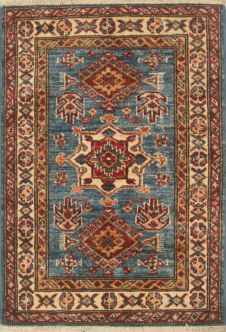 2x3 Blue Kazak Hand-Knotted Afghan Wool Rug - Yildiz Rugs