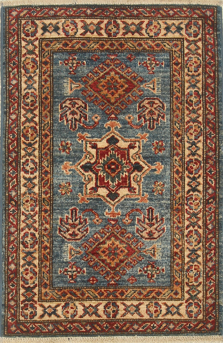 2x3 Blue Kazak Hand-Knotted Afghan Rug - Yildiz Rugs