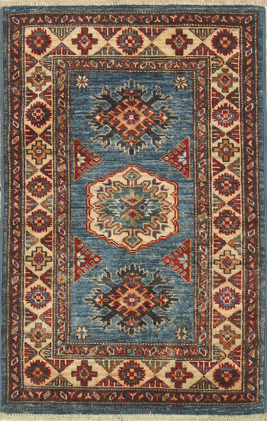 2x3 Blue Kazak Hand-Knotted Afghan Rug - Yildiz Rugs