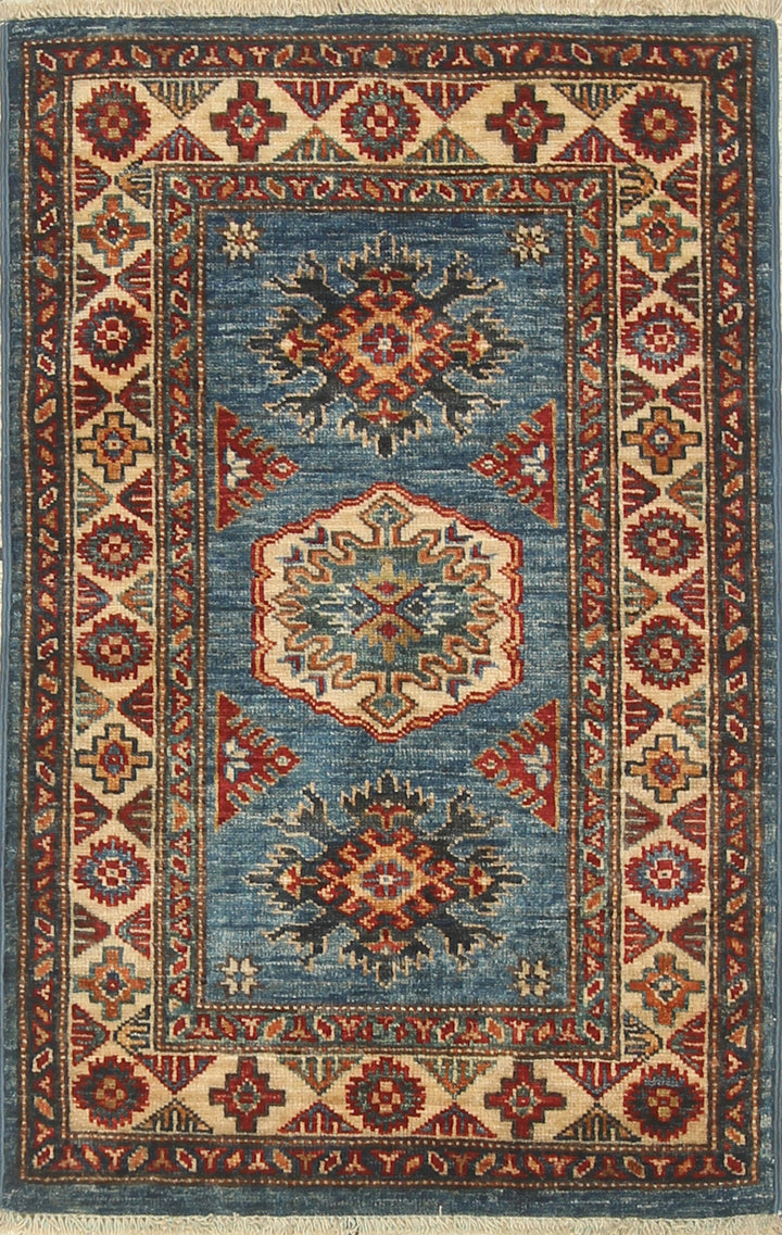 2x3 Blue Kazak Hand-Knotted Afghan Rug - Yildiz Rugs
