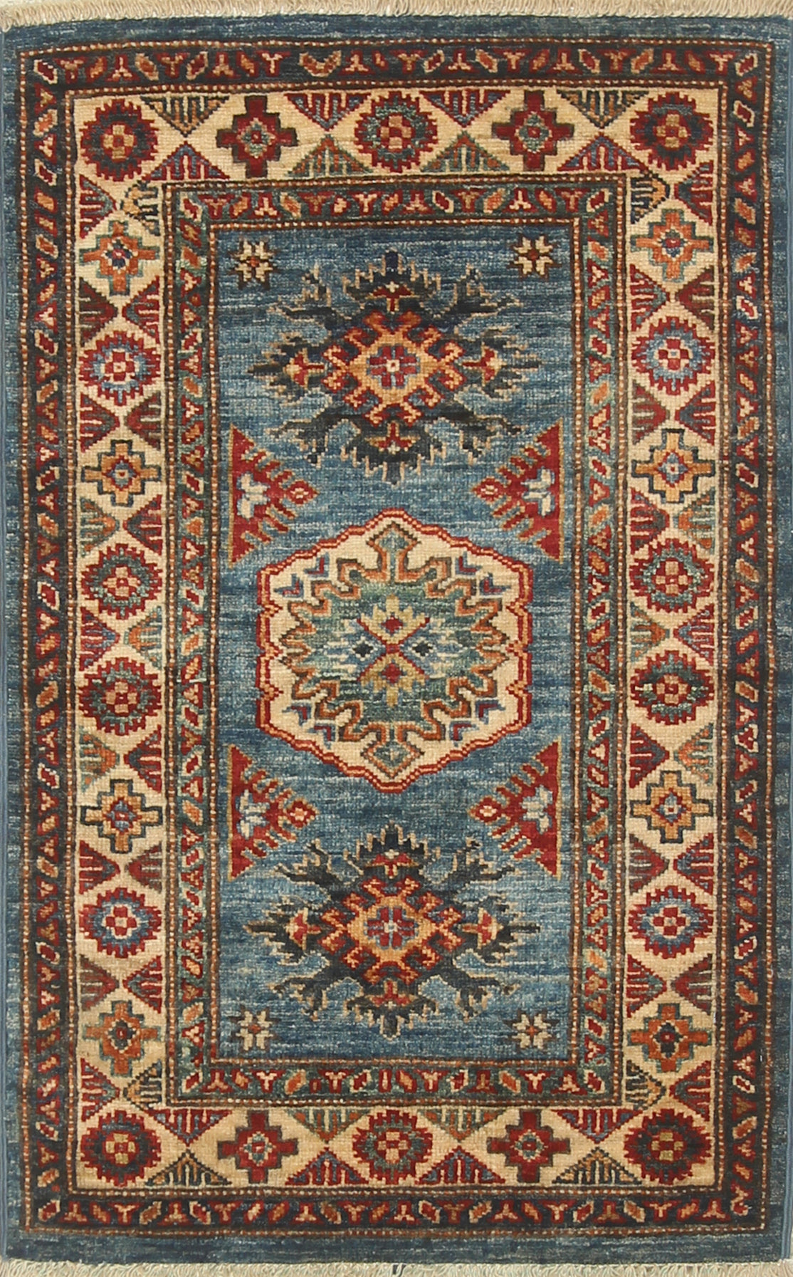 2x3 Blue Kazak Hand-Knotted Afghan Rug - Yildiz Rugs