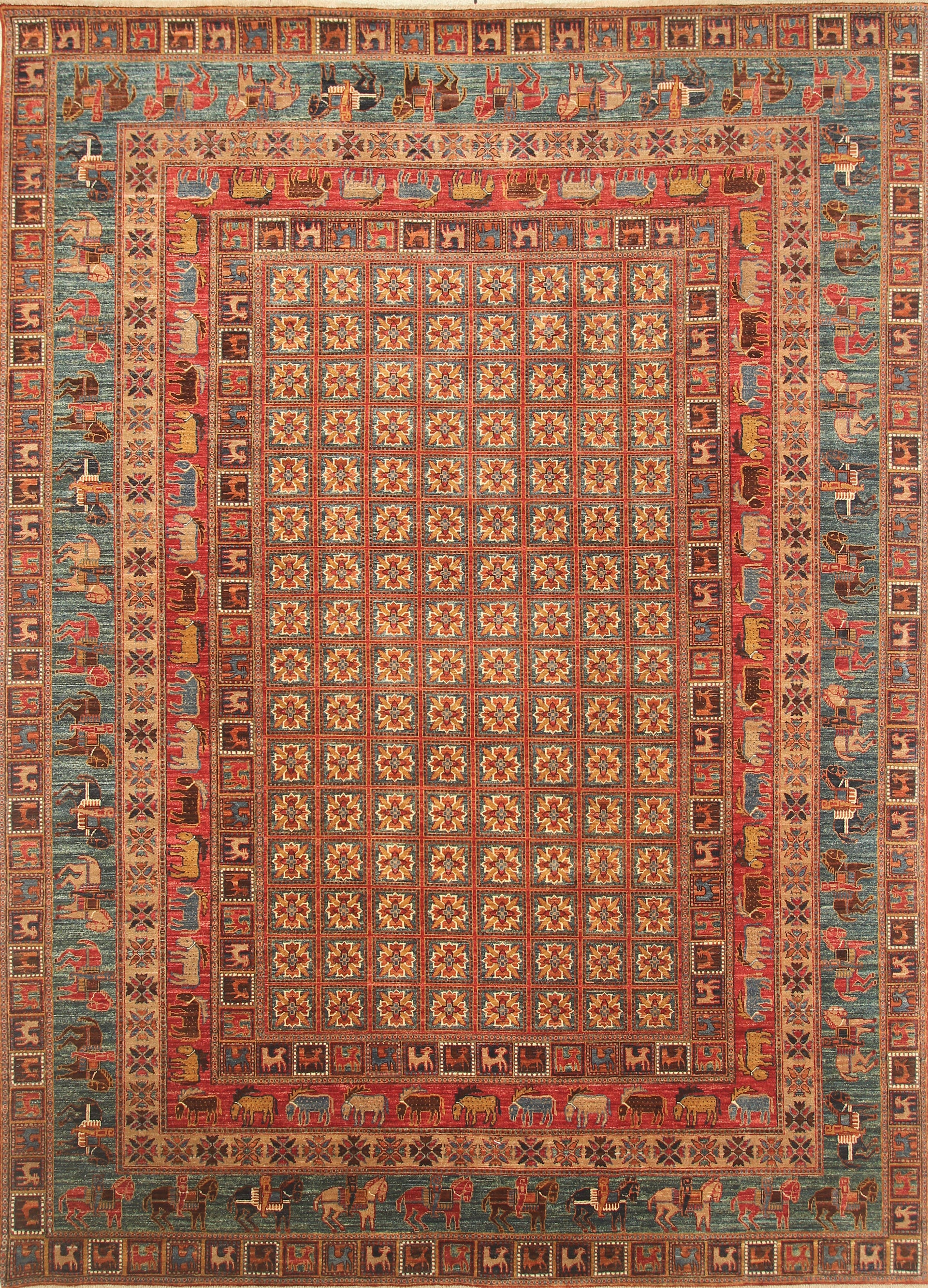 9x12 Red Pazyryk Afghan Hand-Knotted Wool Tribal Rug