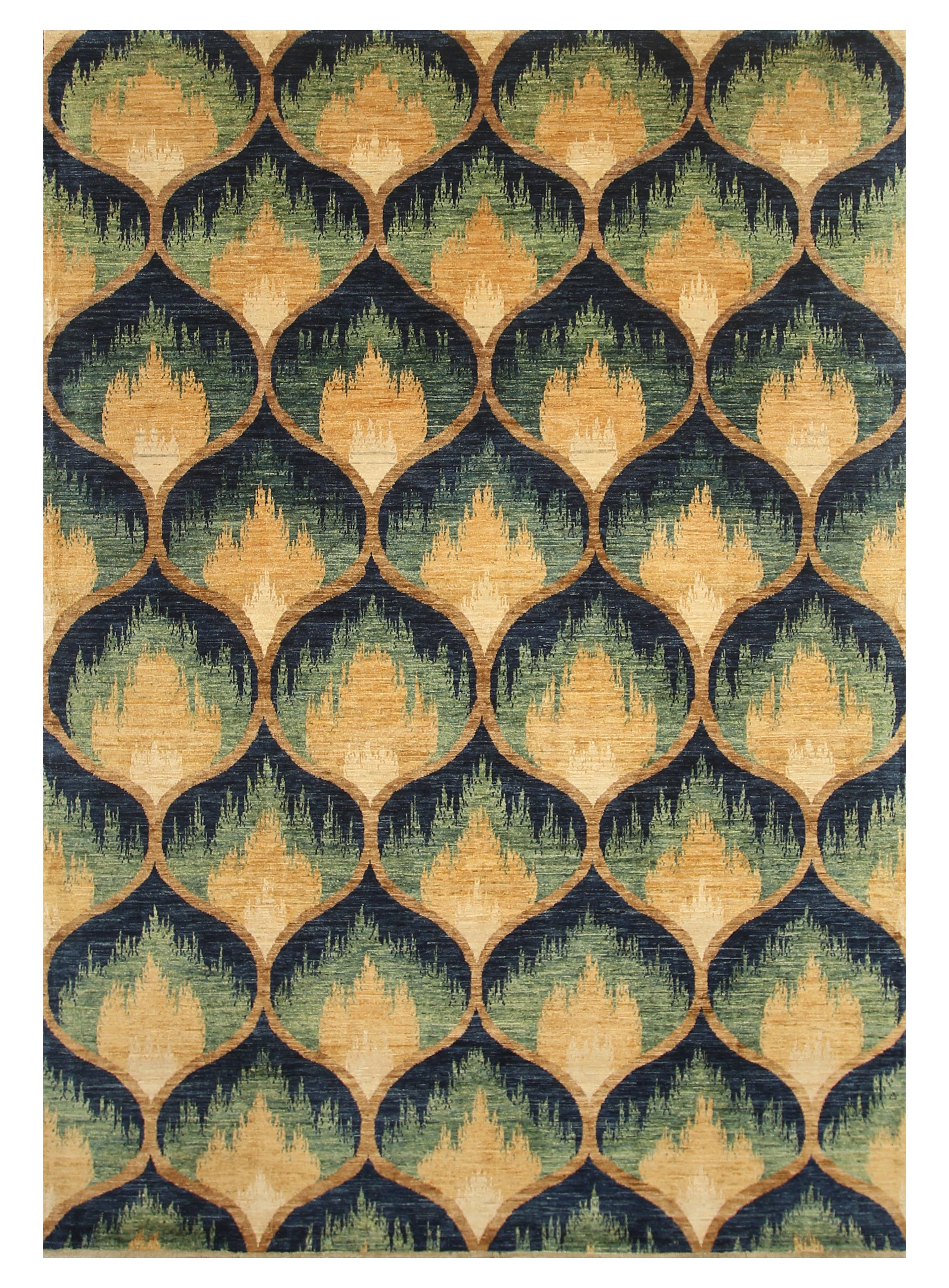 6'10"x9'9" Green Blue Ikat Afghan Hand knotted Rug