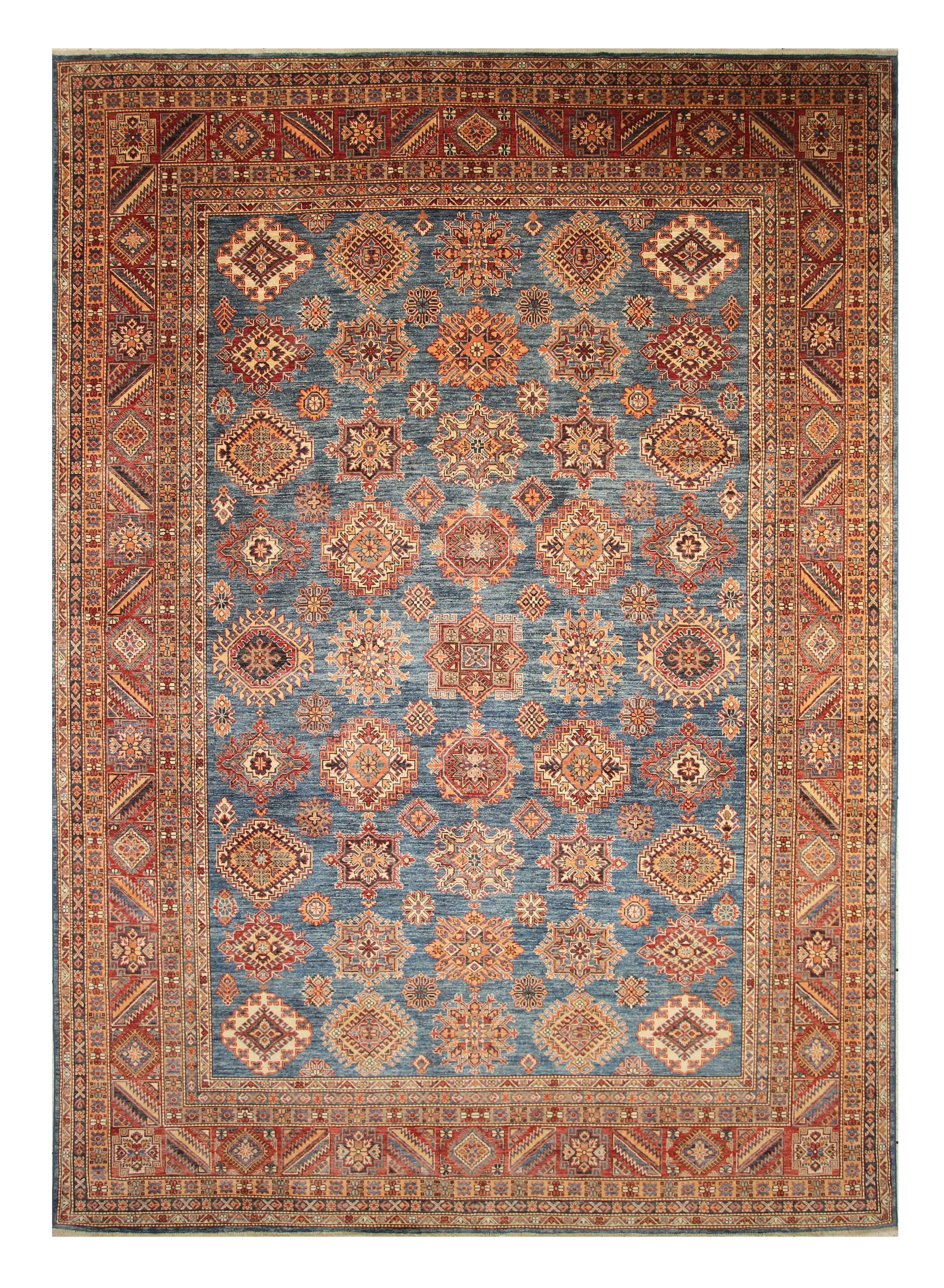 10x14 Blue Kazak Afghan Hand-Knotted Wool Oriental Rug - Yildiz Rugs