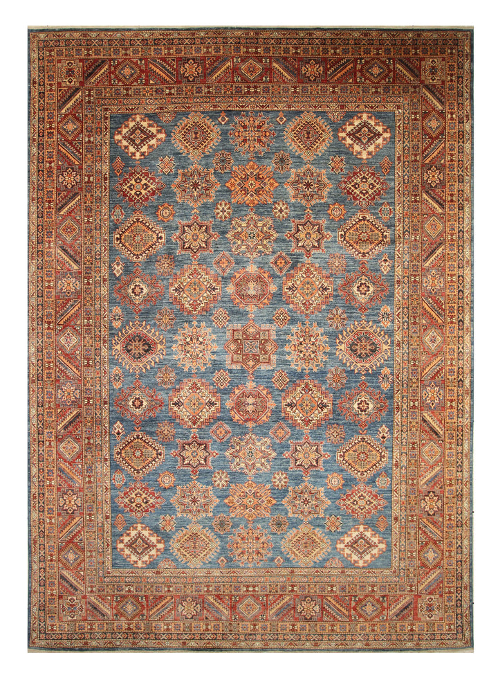 10x14 Blue Kazak Afghan Hand-Knotted Wool Oriental Rug - Yildiz Rugs
