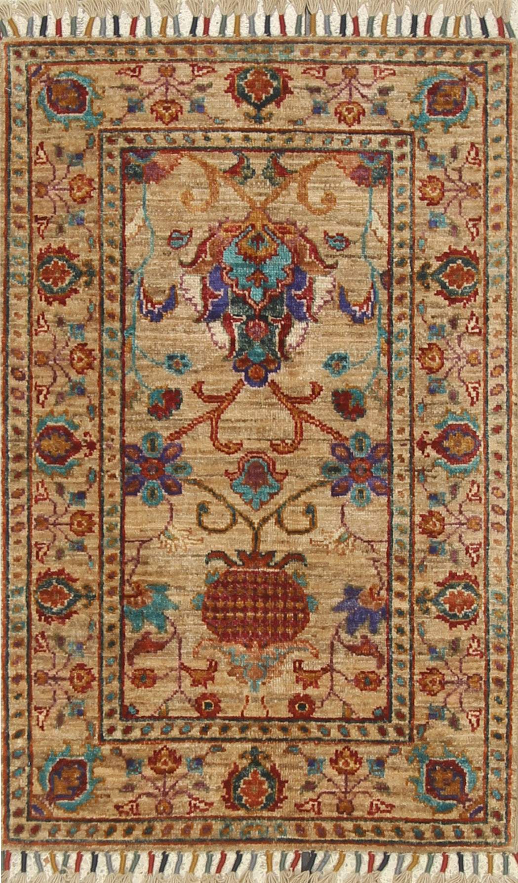2x3 Beige Afghan Waziri Floral Hand Knotted Wool Rug - Yildiz Rugs