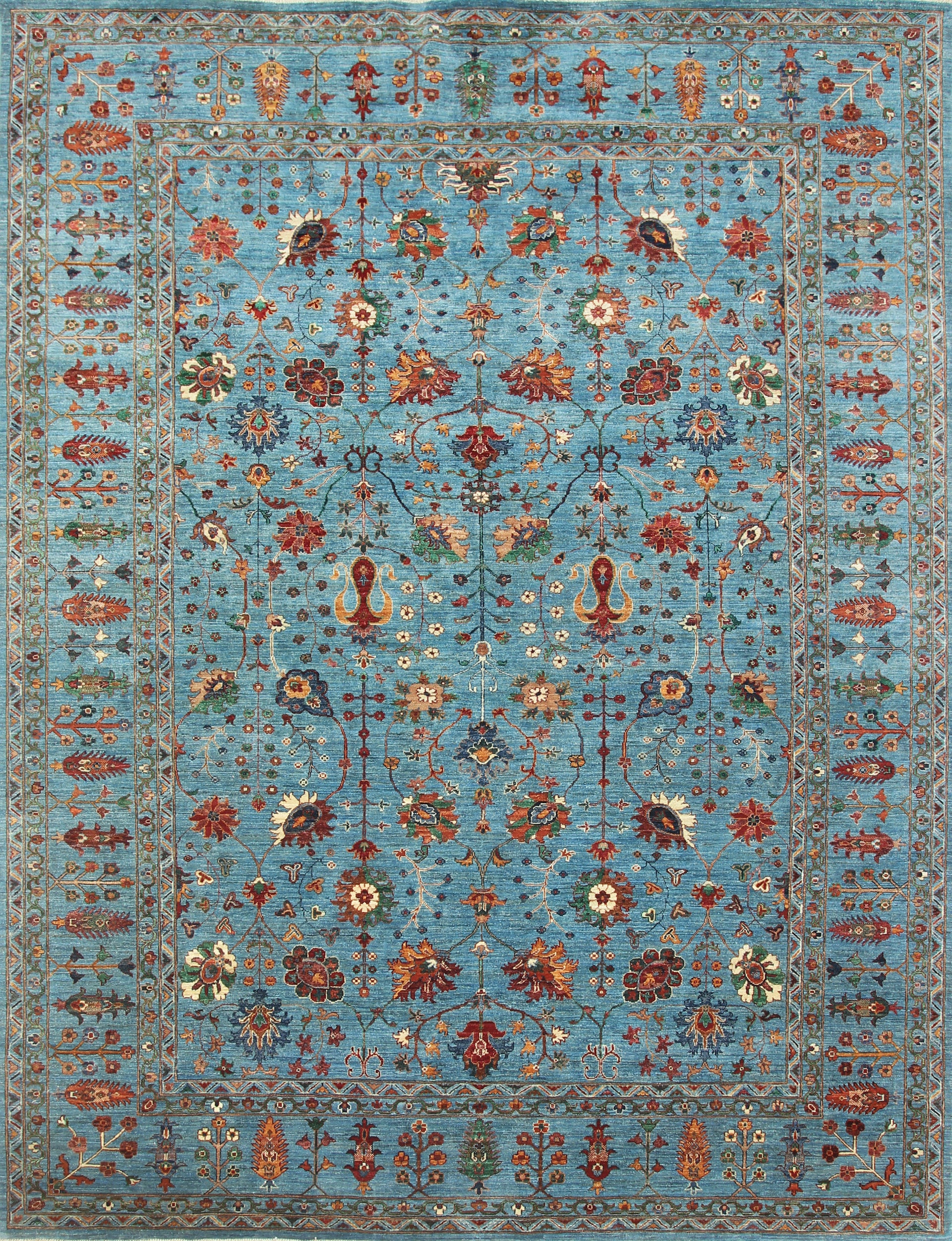 9x12 Waziri Turquoise Blue Afghan Hand knotted Wool Rug