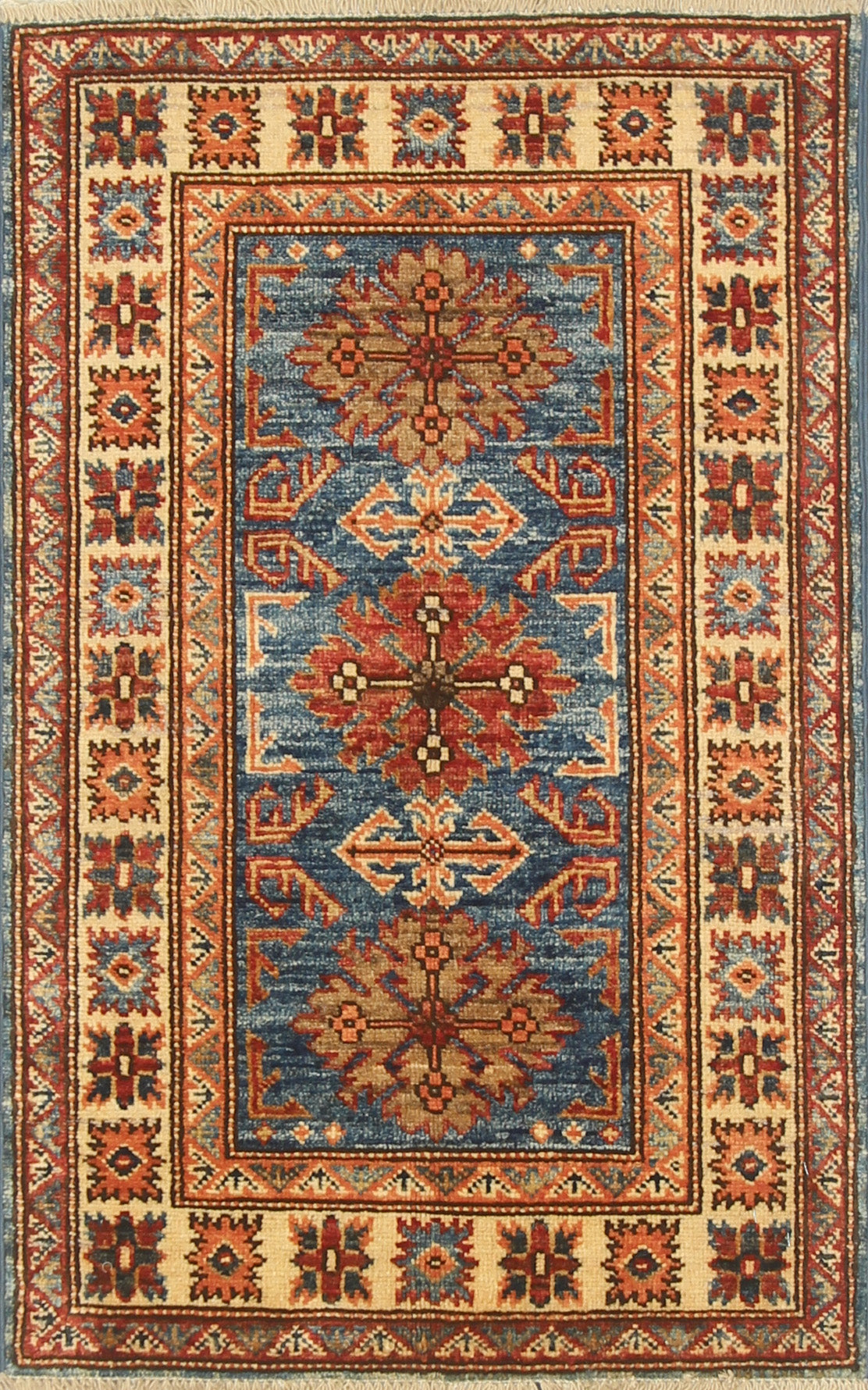 2x3 Blue Kazak Hand-Knotted Afghan Wool Rug - Yildiz Rugs