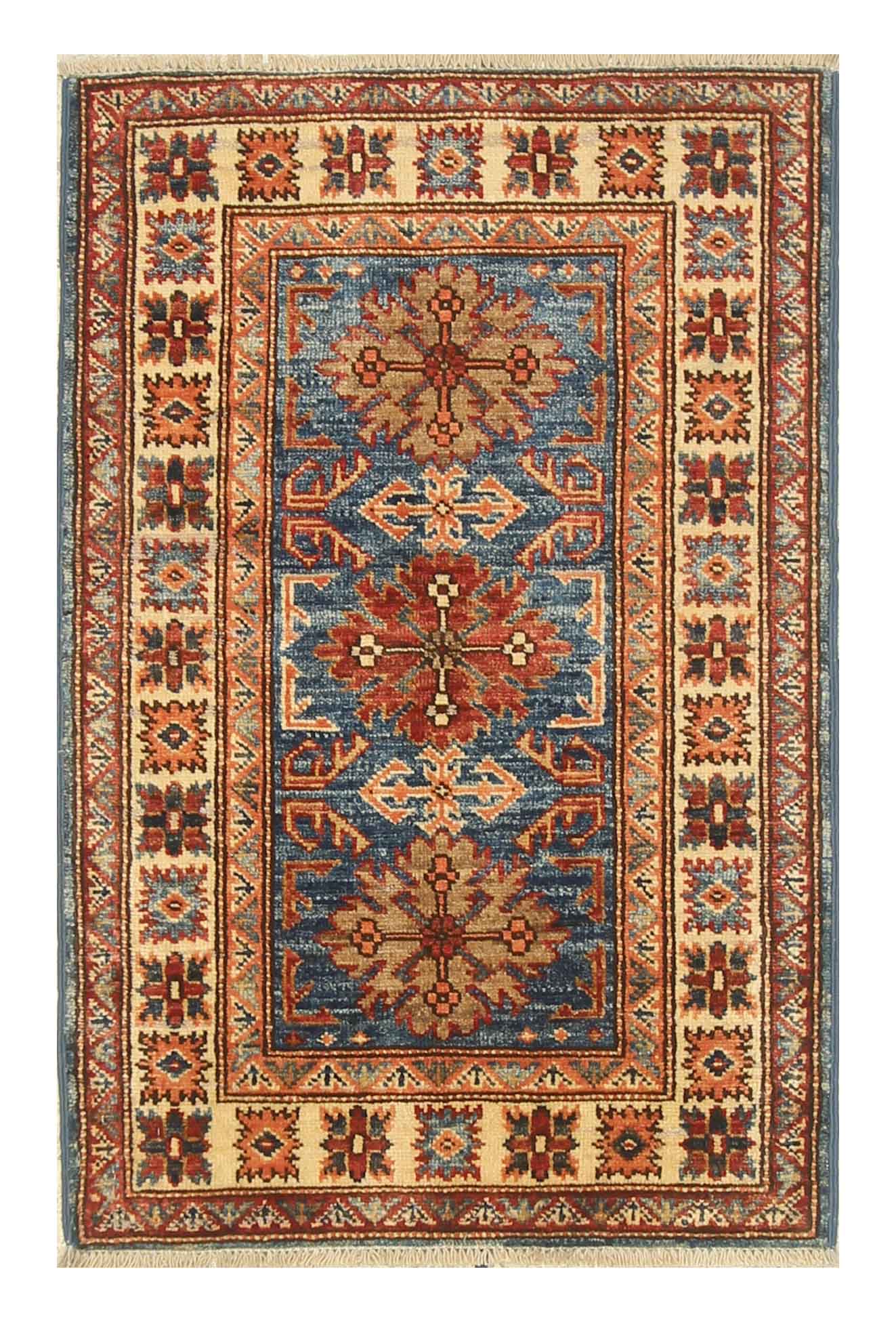 2x3 Blue Kazak Hand-Knotted Afghan Rug - Yildiz Rugs
