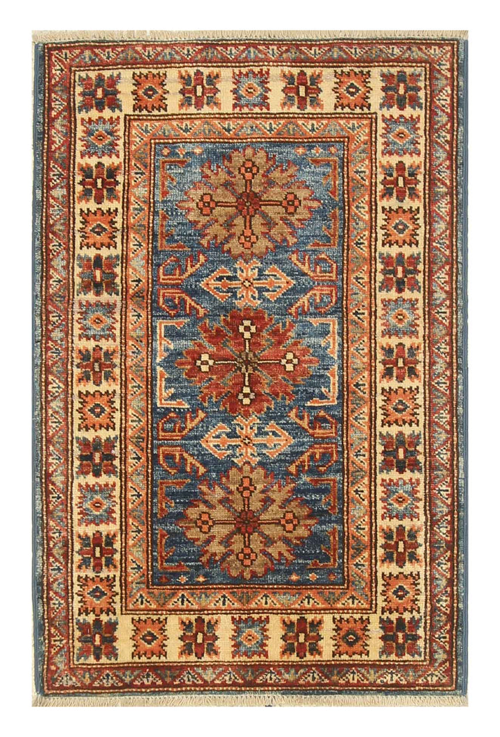 2x3 Blue Kazak Hand-Knotted Afghan Rug - Yildiz Rugs