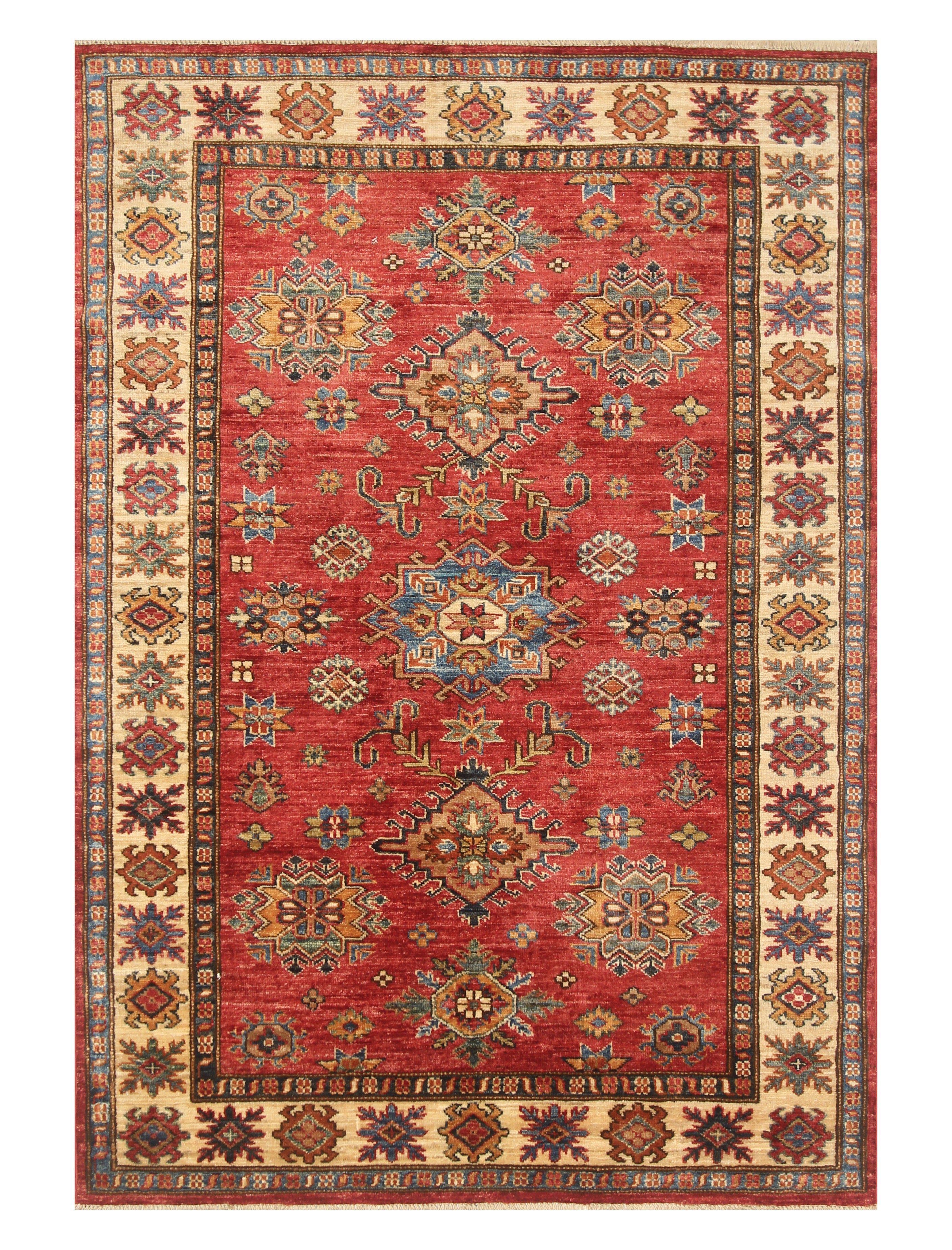 4x6 Red Kazak Hand Knotted Afghan Geometric Rug - Yildiz Rugs
