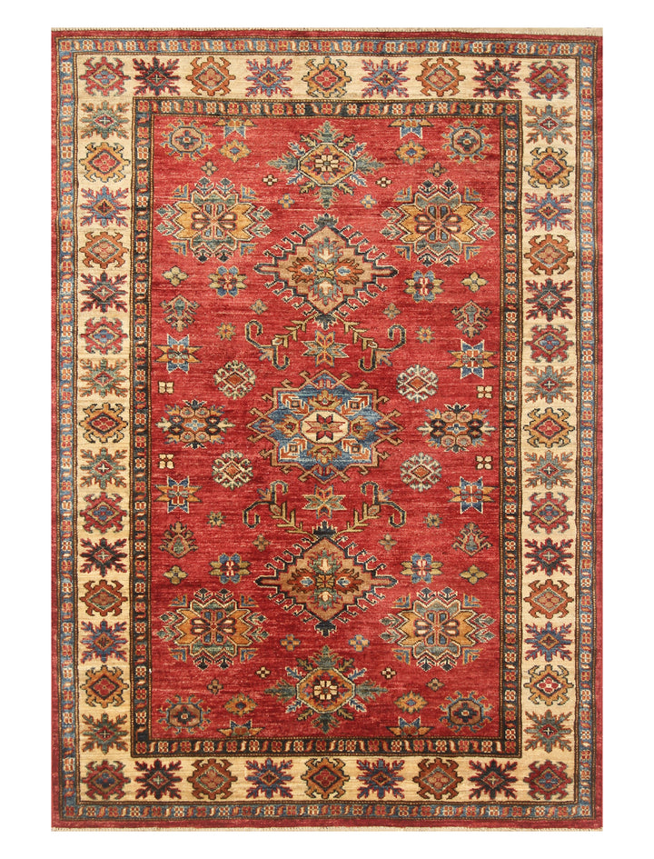 4x6 Red Kazak Hand Knotted Afghan Geometric Rug - Yildiz Rugs