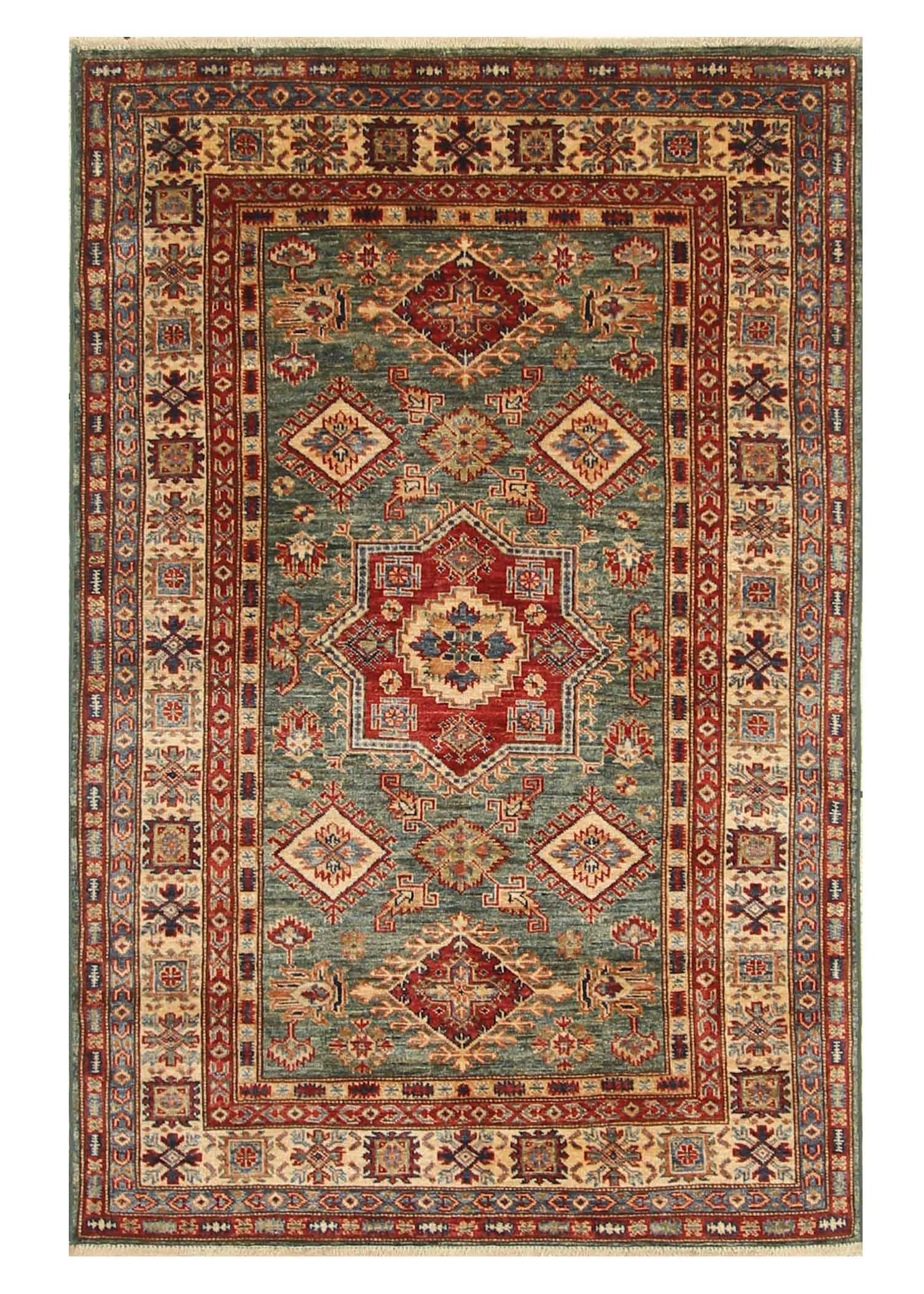 4x6 Green Kazak Hand Knotted Afghan Rug - Yildiz Rugs