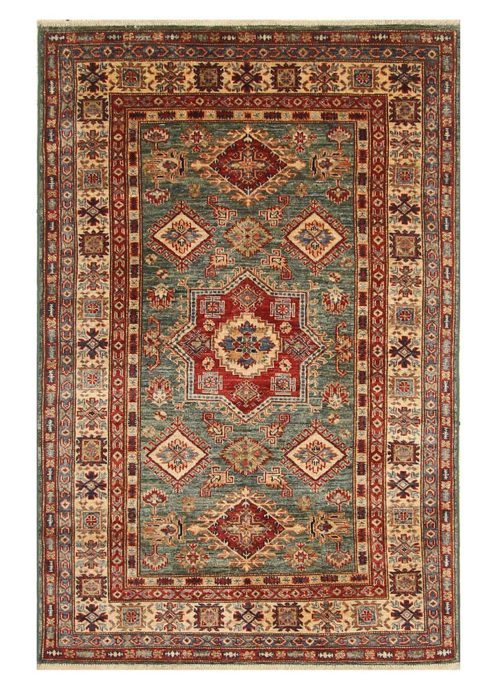 4x6 Green Kazak Hand Knotted Afghan Rug - Yildiz Rugs