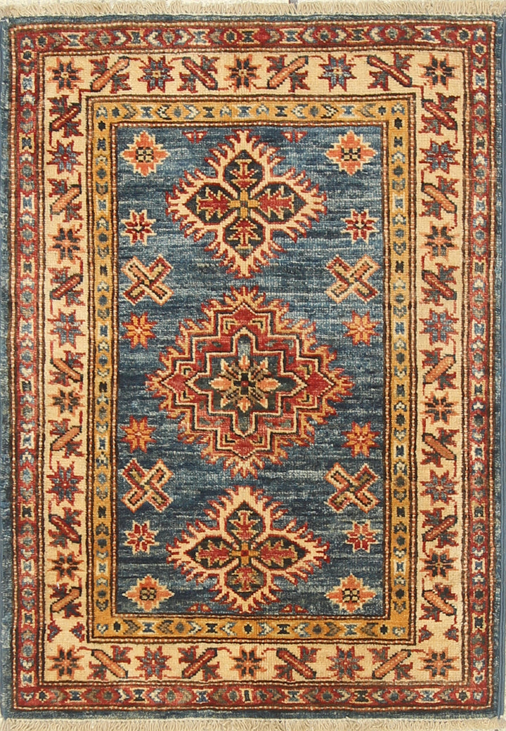2x3 Blue Kazak Hand-Knotted Afghan Rug - Yildiz Rugs