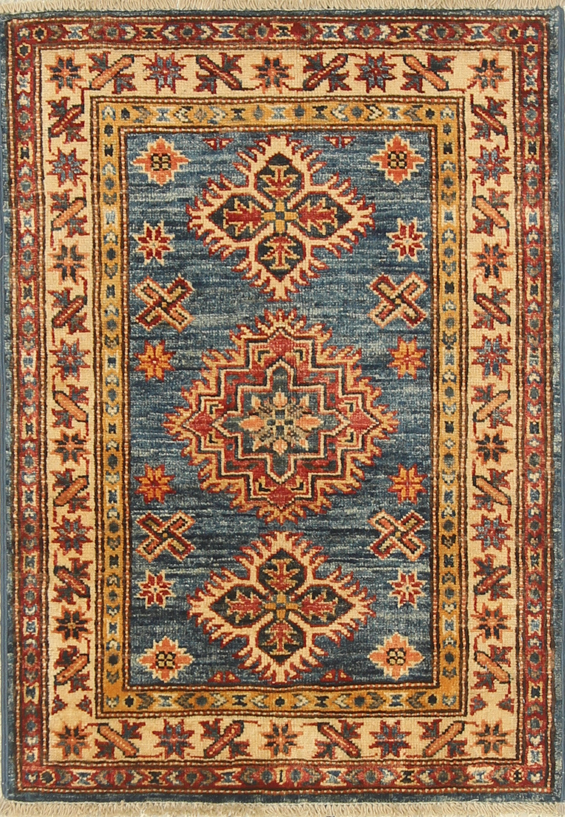 2x3 Blue Kazak Hand-Knotted Afghan Wool Rug - Yildiz Rugs