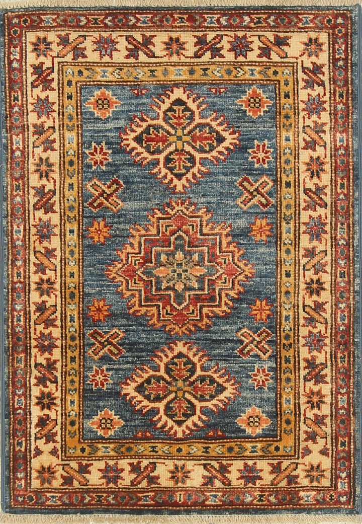 2x3 Blue Kazak Hand-Knotted Afghan Wool Rug - Yildiz Rugs