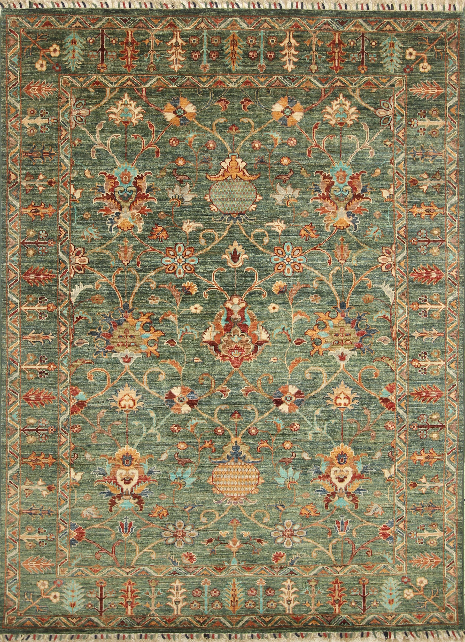 5x7 Green Waziri Afghan Hand knotted Wool Oriental Rug