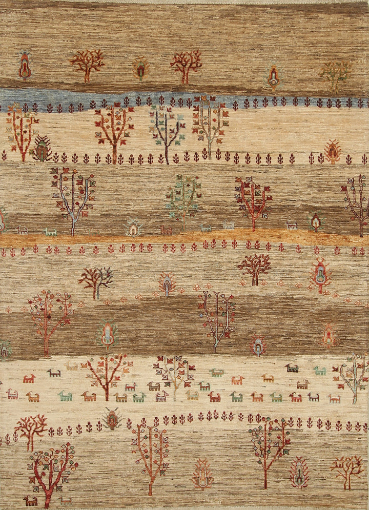 5x7 Beige Gabbeh Tree of Life Hand-Knotted Afghan Wool Rug - Yildiz Rugs