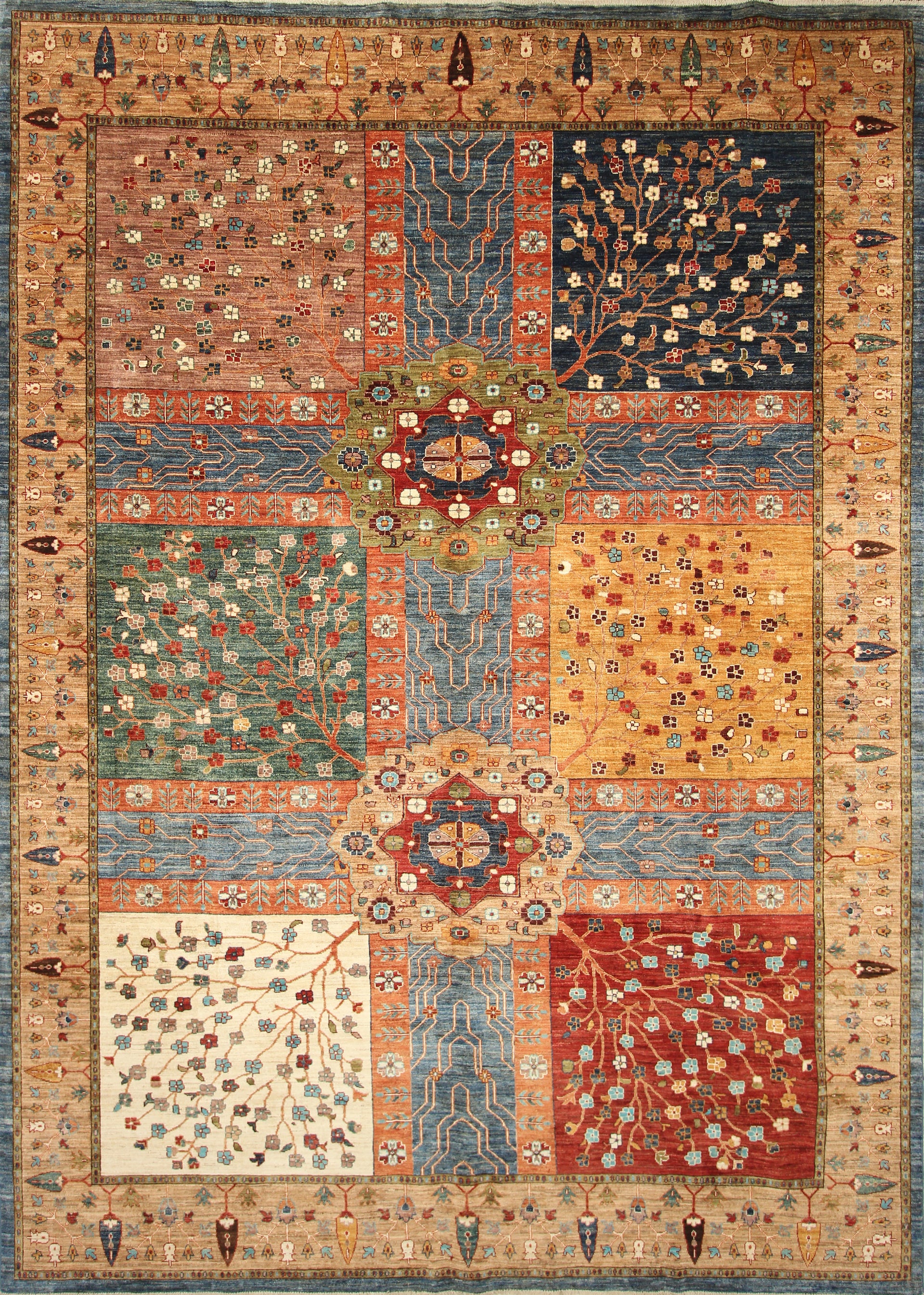 9x12 Afghan Bakhtiari Multicolor Hand-Knotted Oriental Wool Rug - Yildiz Rugs