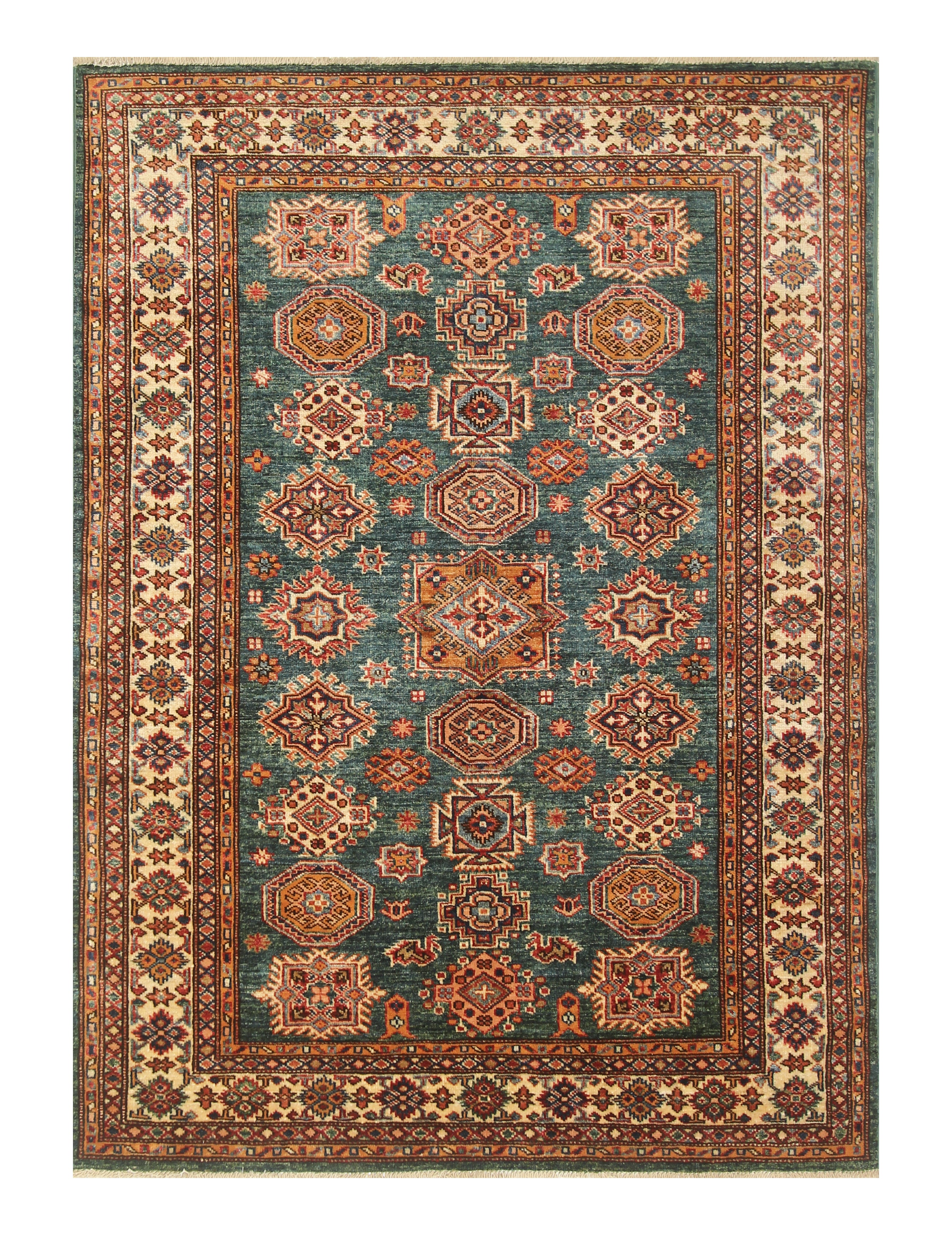 4x6 Green Kazak Hand Knotted Afghan Rug - Yildiz Rugs