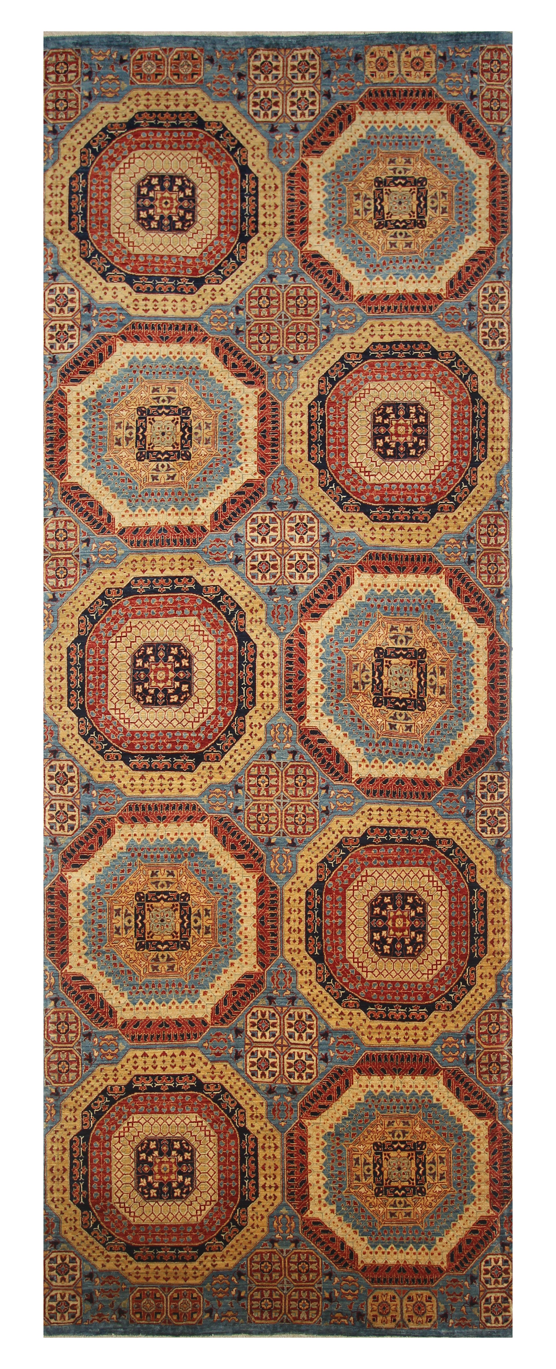 4'9"x13'1" Blue Mamluk Turkish Hand knotted Runner Rug