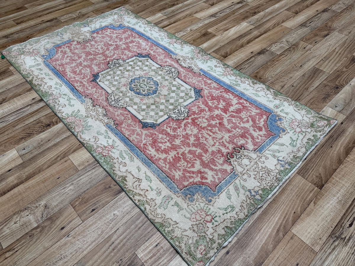 3'8"x6'11" Vintage Muted Red Hand-Knotted Wool Turkish Rug - Yildiz Rugs