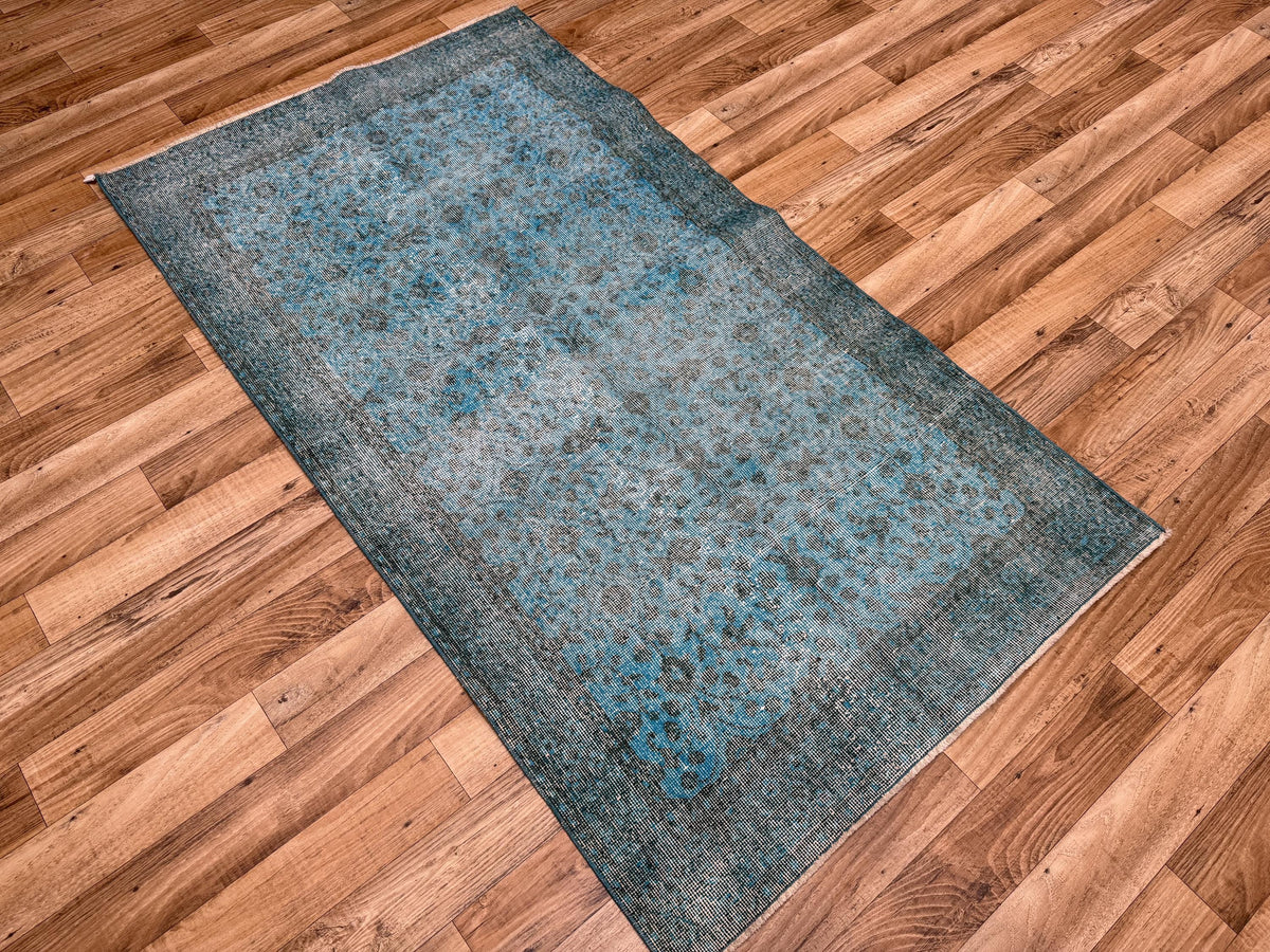 3'10"x6'11" Vintage Blue Hand-Knotted Wool Turkish Rug - Yildiz Rugs