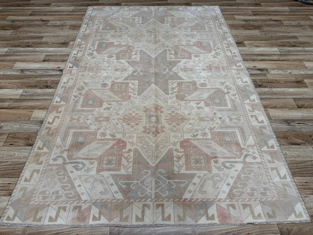 6x9 Vintage Muted Beige Hand-Knotted Wool Turkish Rug - Yildiz Rugs