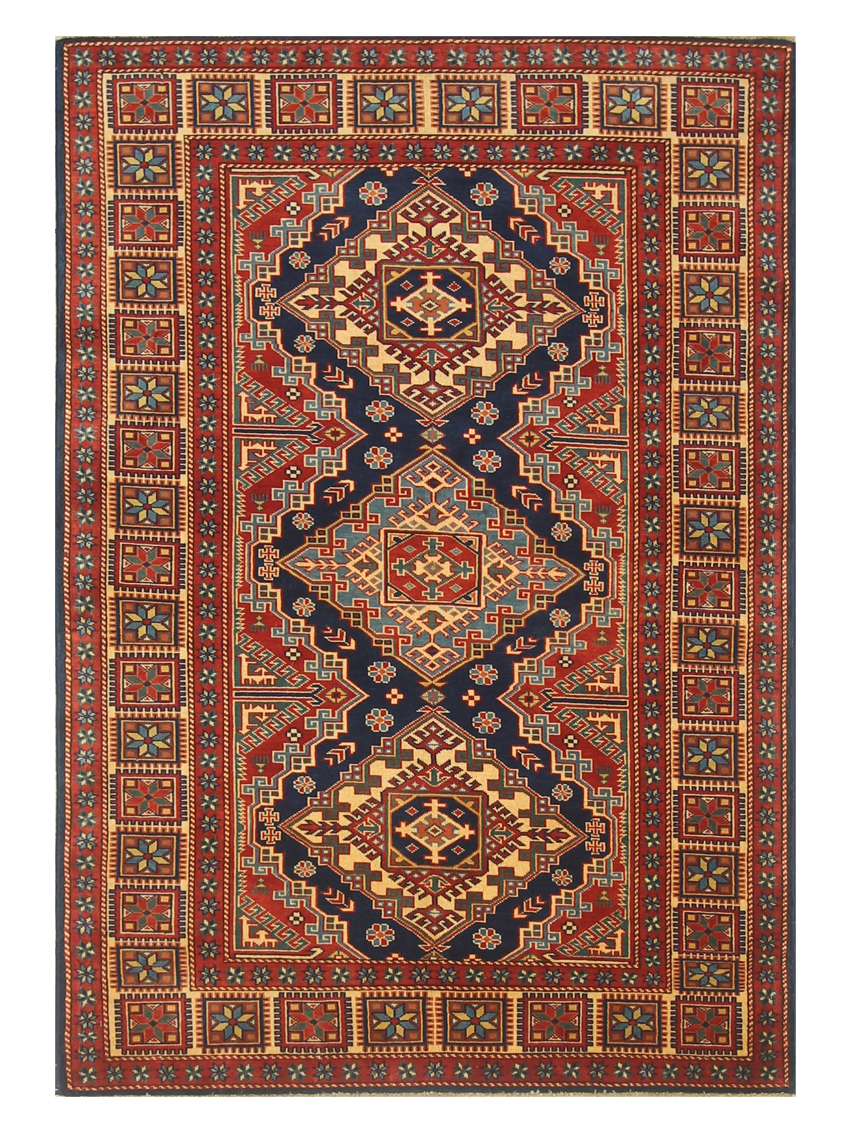 4x6 Navy Blue Shirvan Afghan Hand-Knotted Geometric Rug - Yildiz Rugs
