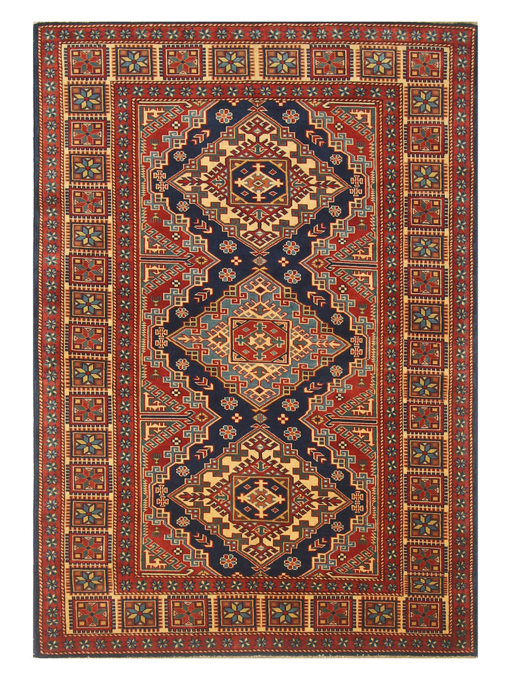 4x6 Navy Blue Shirvan Afghan Hand-Knotted Geometric Rug - Yildiz Rugs