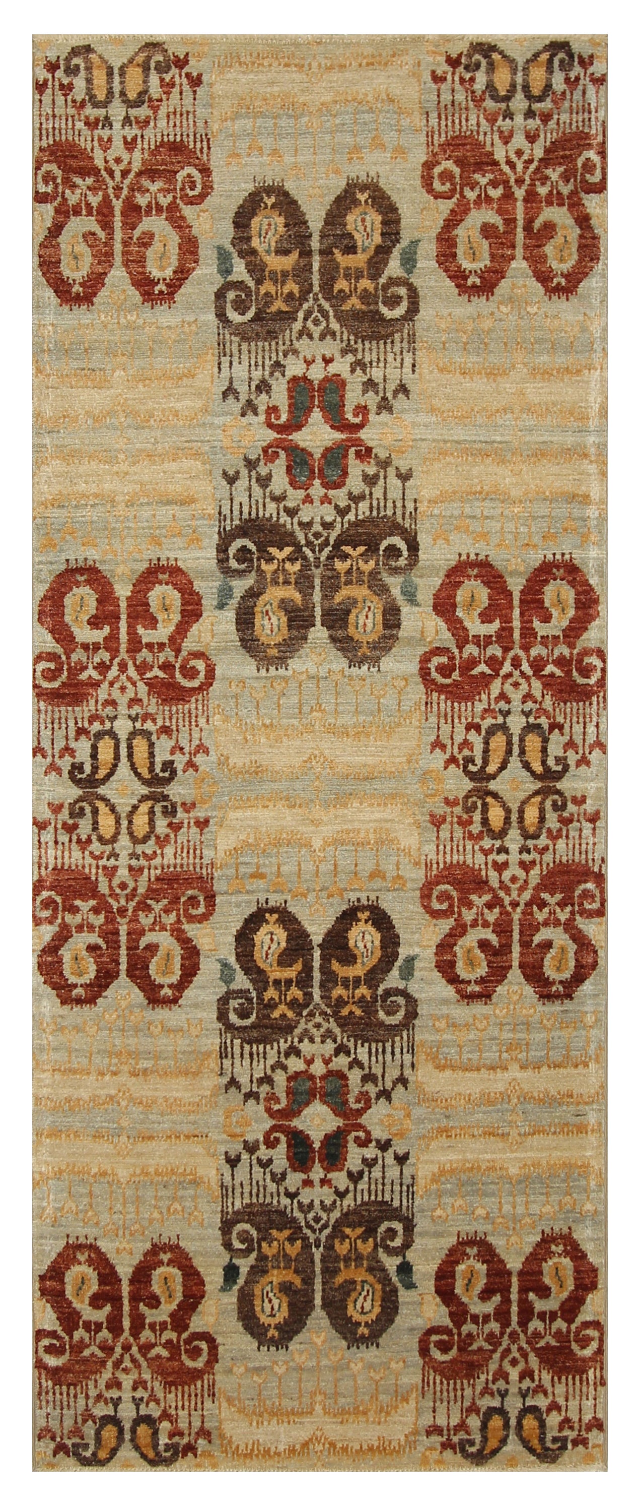 7 ft Gray Ikat Afghan Hand knotted Runner Rug