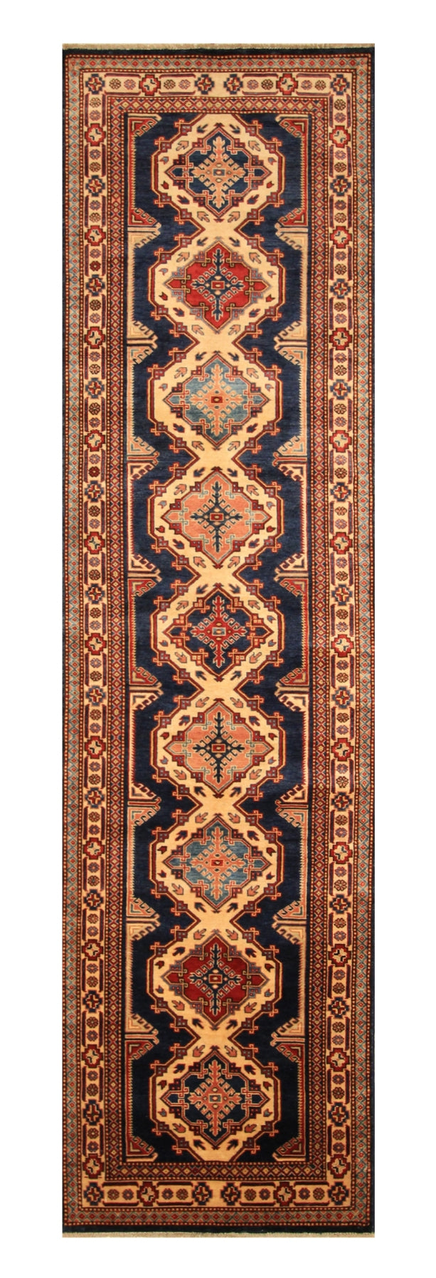 10 ft Navy Blue Vintage Shirvan Afghan Hand Knotted Runner Rug - Yildiz Rugs