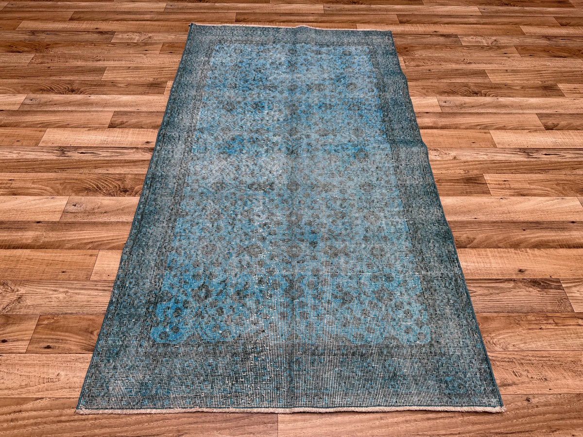3'10"x6'11" Vintage Blue Hand-Knotted Wool Turkish Rug - Yildiz Rugs