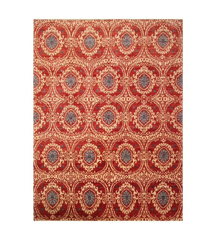 9x12 Red Ikat Afghan Hand knotted Geometric Rug