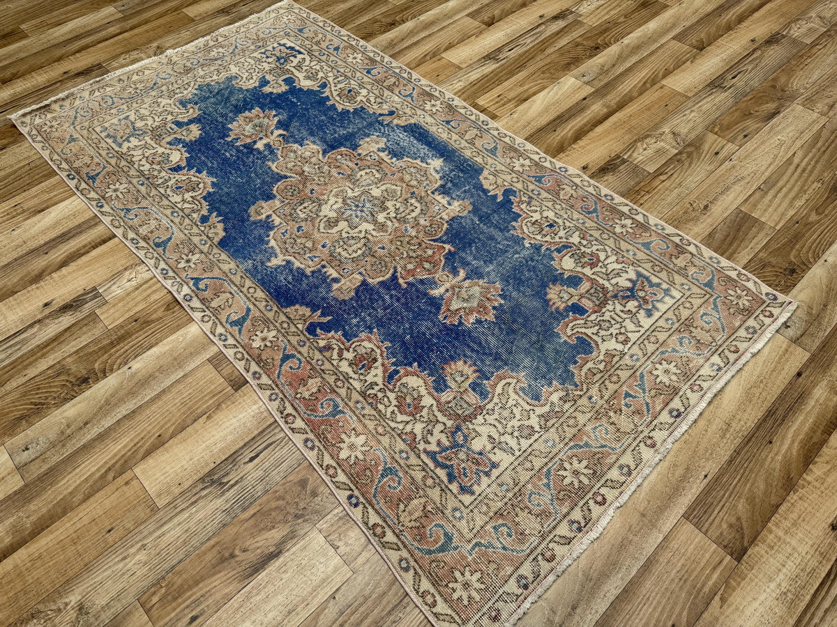 3'8"x7'0" Vintage Royal Blue Hand-Knotted Wool Turkish Rug - Yildiz Rugs