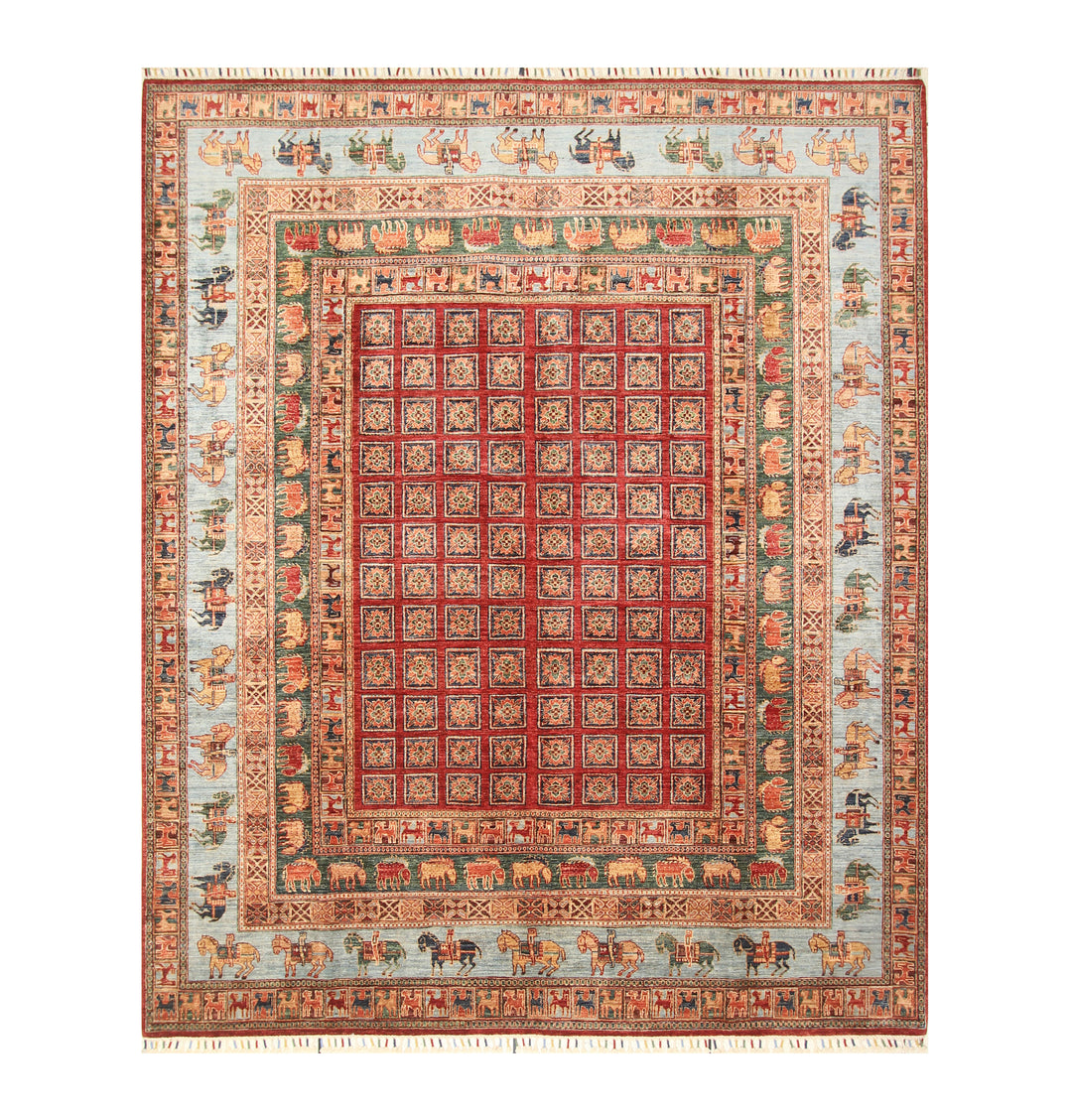 8x10 Red Blue Pazyryk Afghan Hand Knotted Rug - Yildiz Rugs